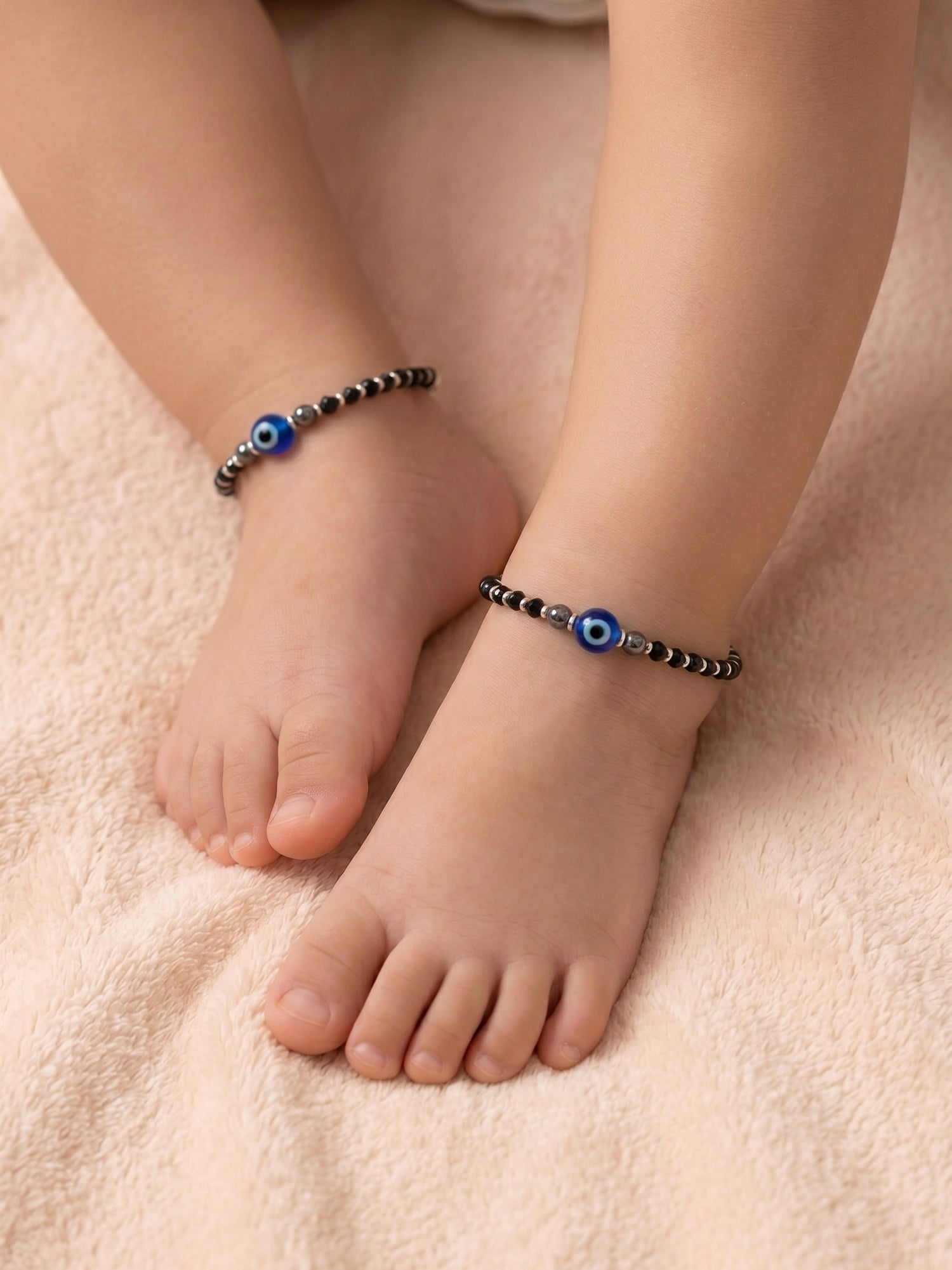 Baby Single Evil Eye Black Crystal Bead Anklet Set of Two
