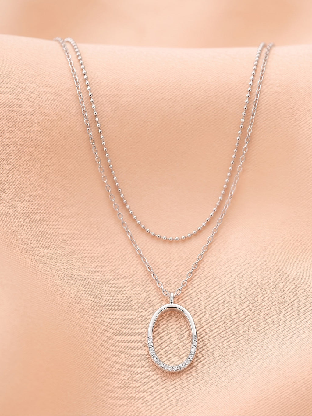 Silver Layered Shimmering Oval Pendant Necklace