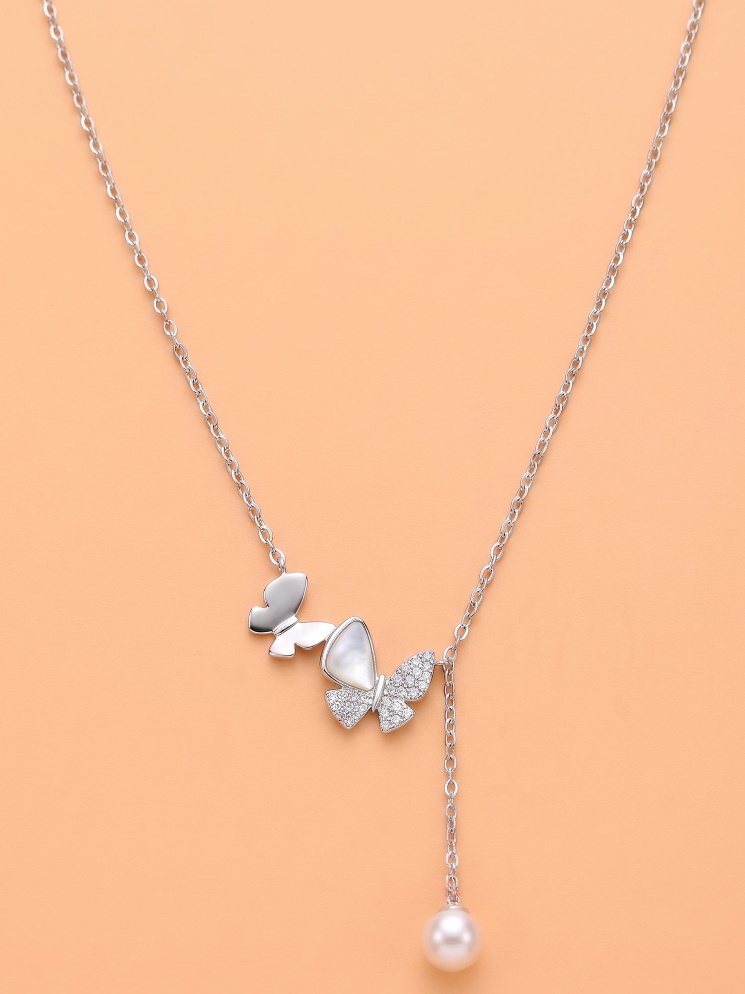 Silver Shimmering Butterfly & Pearl Lariat Necklace