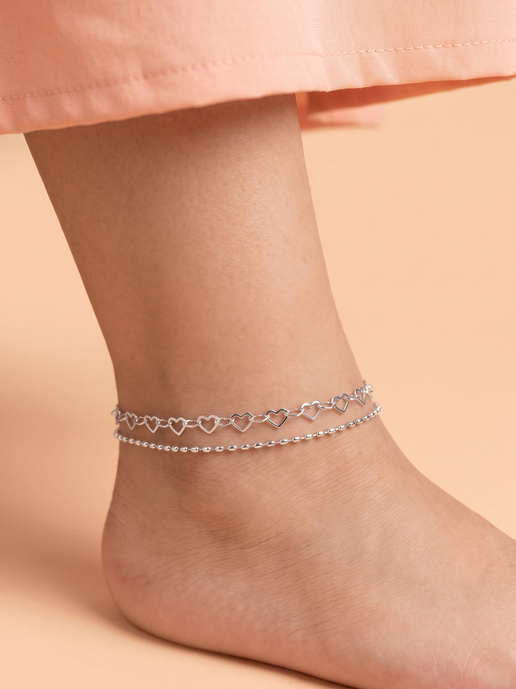 Silver Open-Heart Layered Anklet