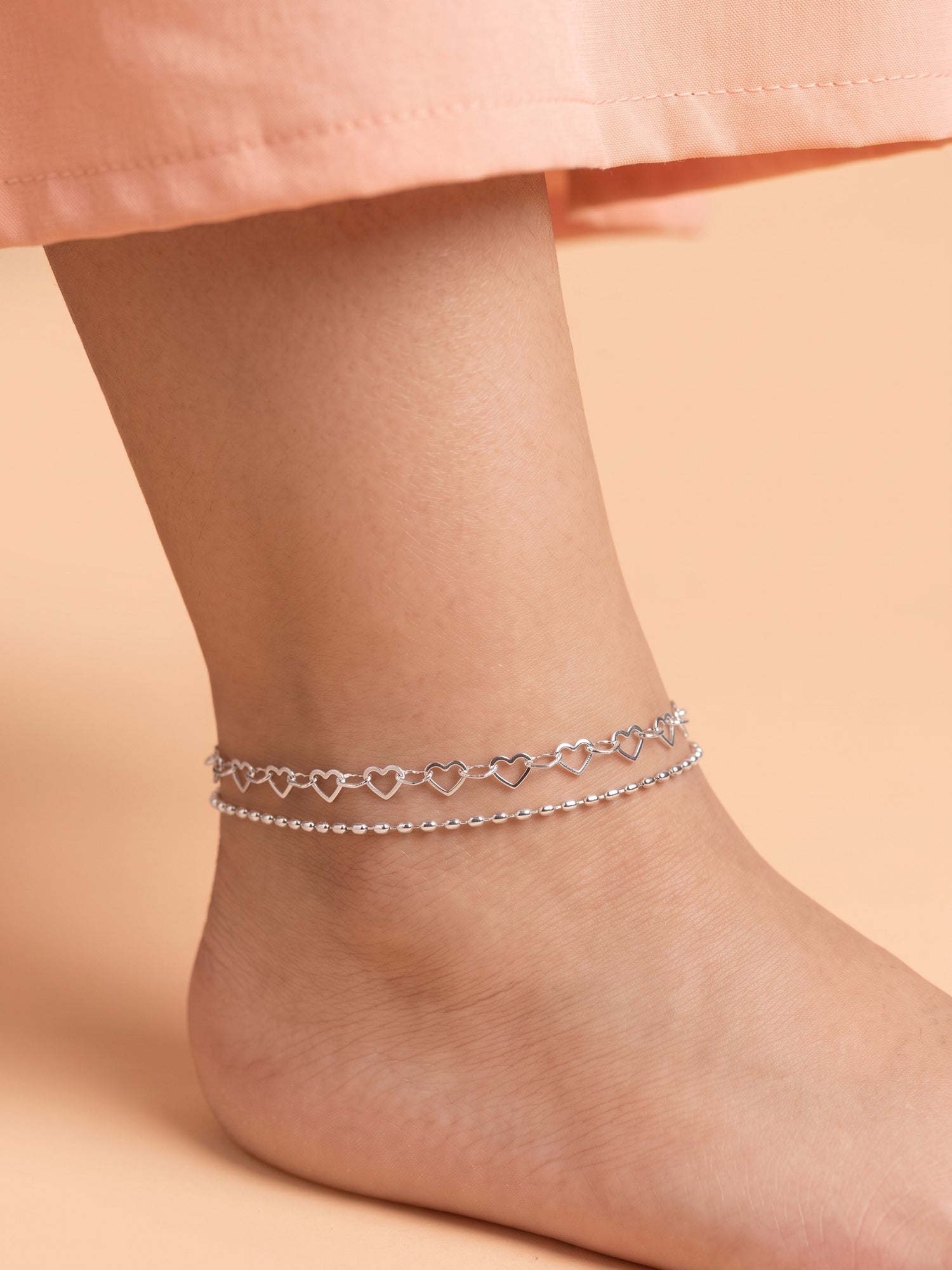 Silver Open-Heart Layered Anklet