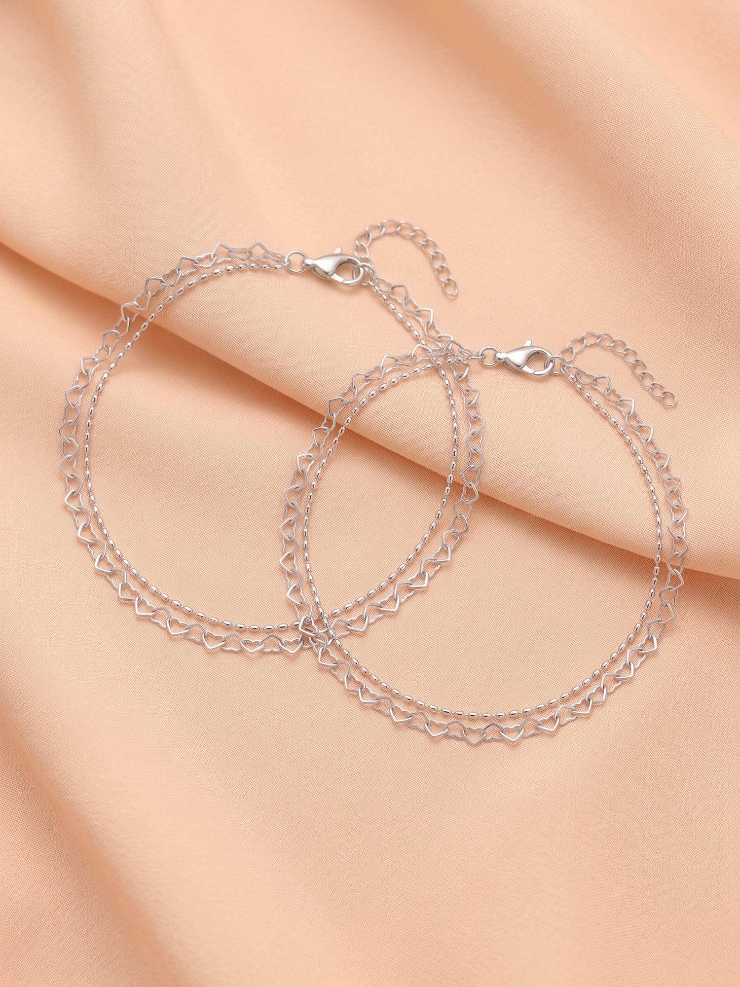 "Interlocking Heart & Dainty Bead Layered Anklets"