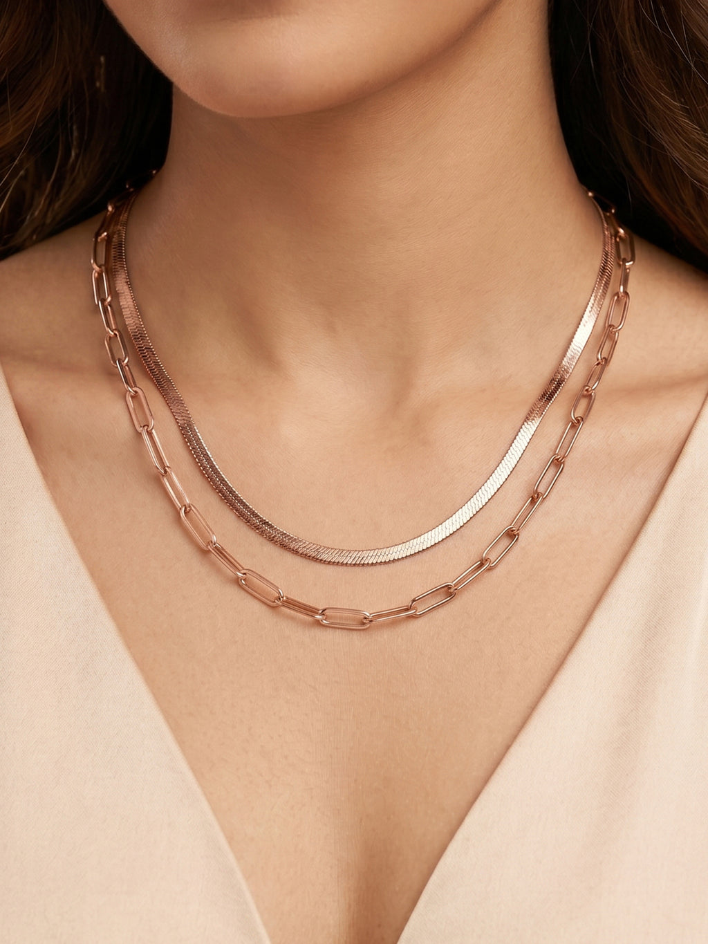 Herringbone & Paperclip Double Layer Chain Necklace in Rose Gold