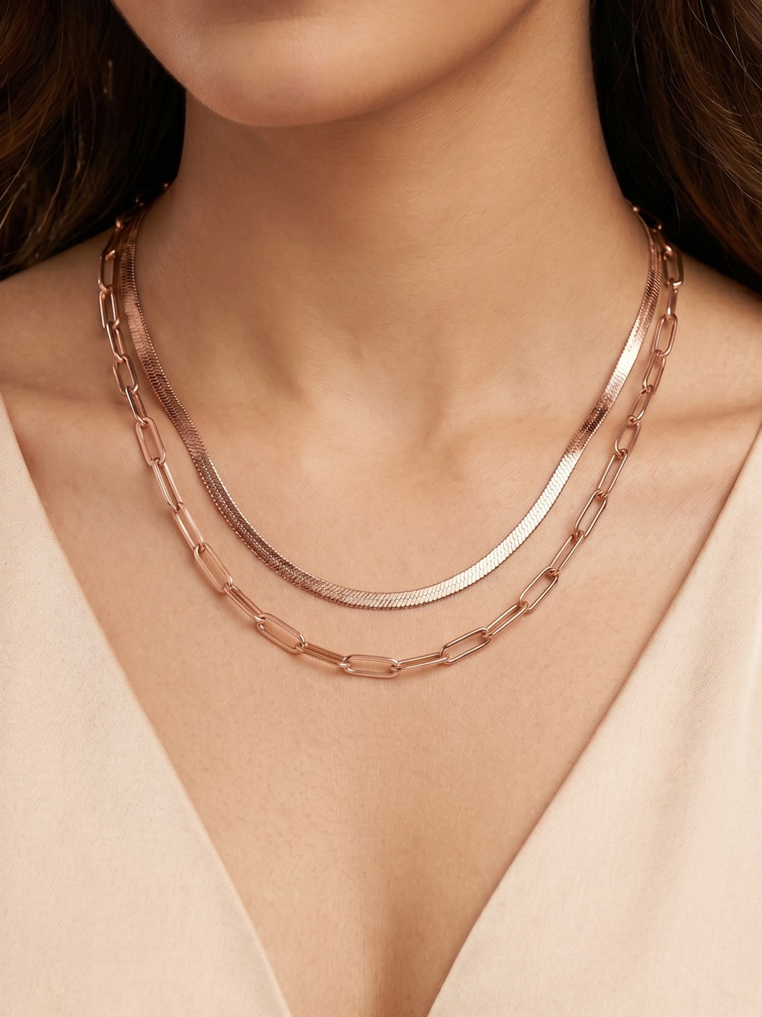Herringbone & Paperclip Double Layer Chain Necklace in Rose Gold