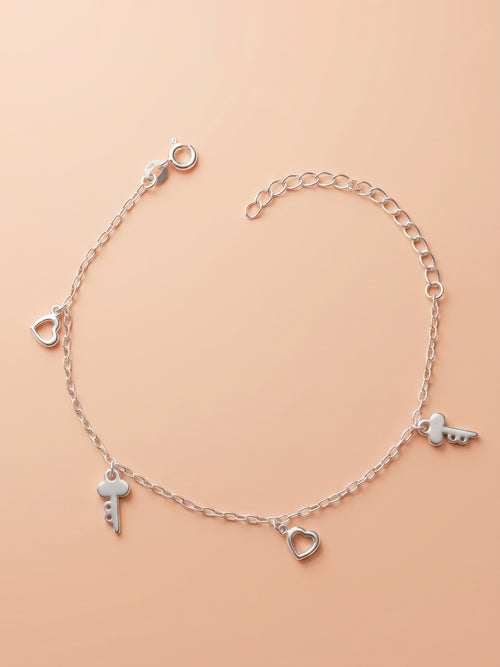 Heart & Key Charm Cable Chain Bracelet in 925 sterling silver — 925 Siller