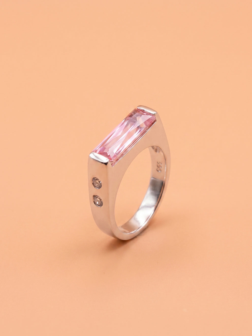 Pink Baguette Signet Ring with Side Stone Detail