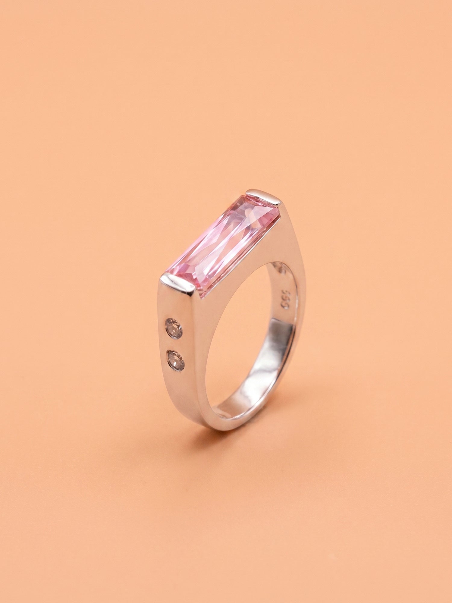Pink Baguette Signet Ring with Side Stone Detail