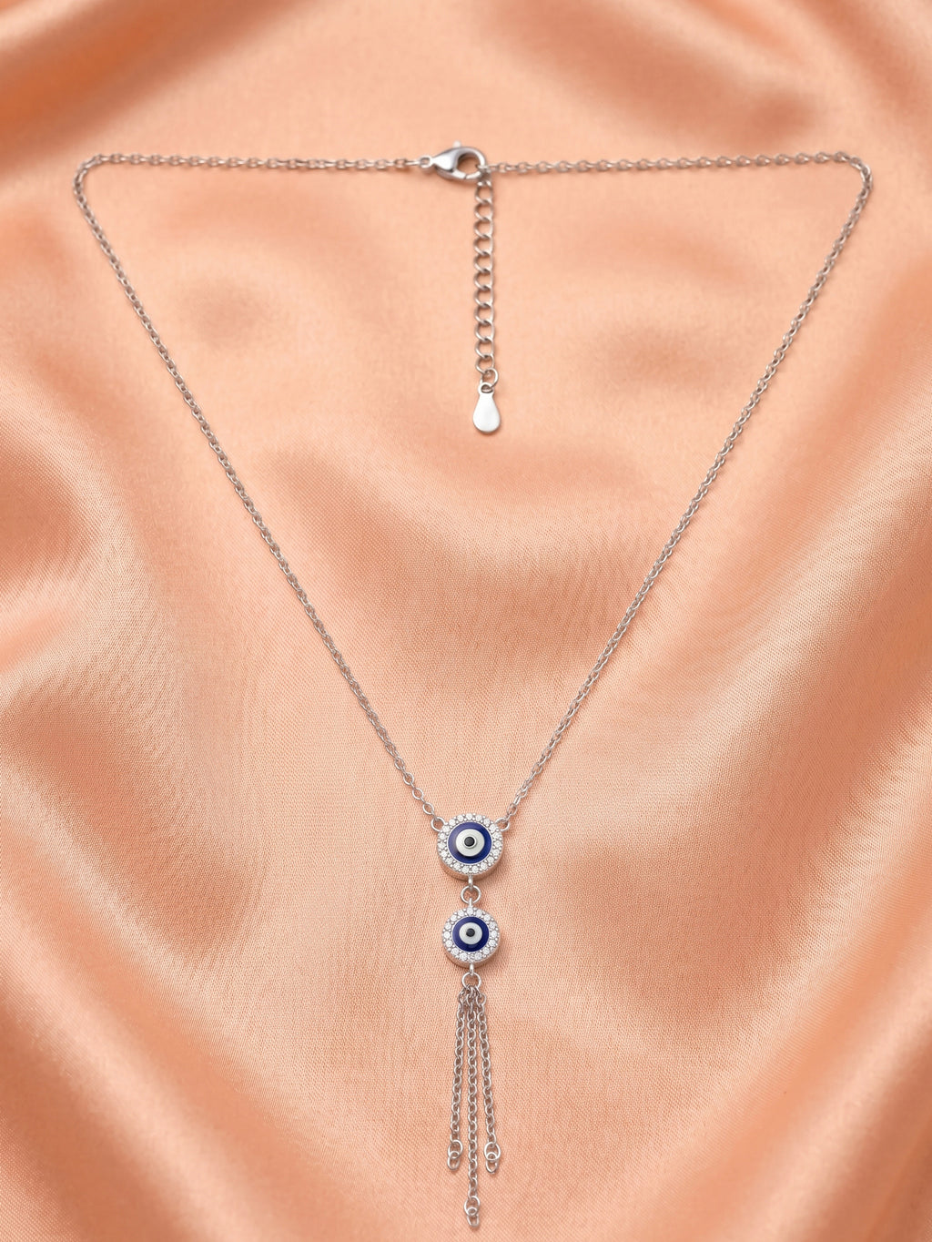 Double Evil Eye CZ Tassel Lariat Necklace