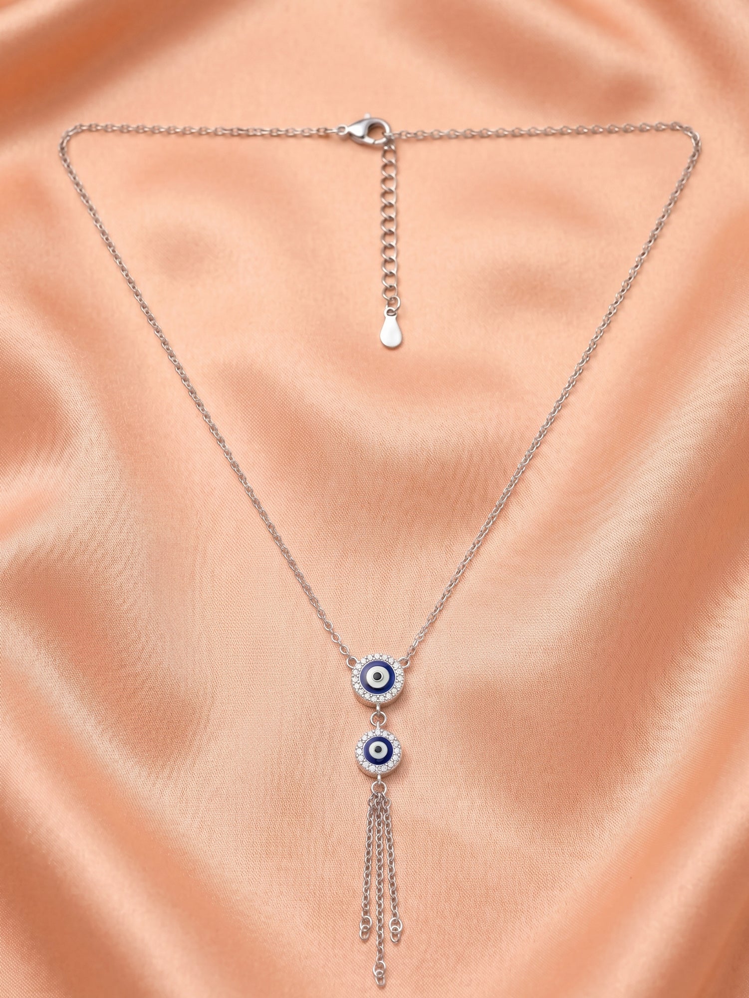Double Evil Eye CZ Tassel Lariat Necklace