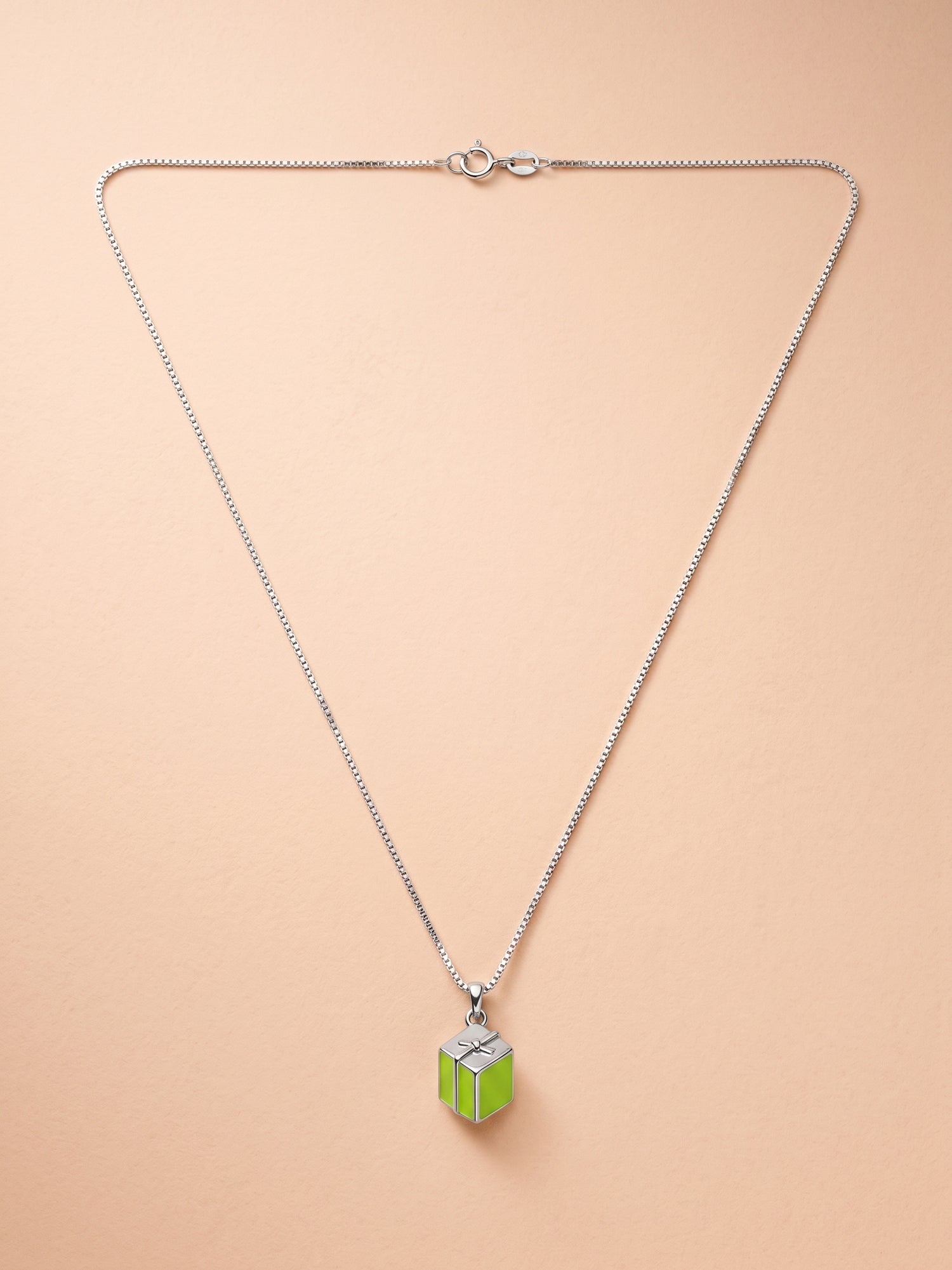 Kids Lime Green Enamel Gift Box Pendant Necklace
