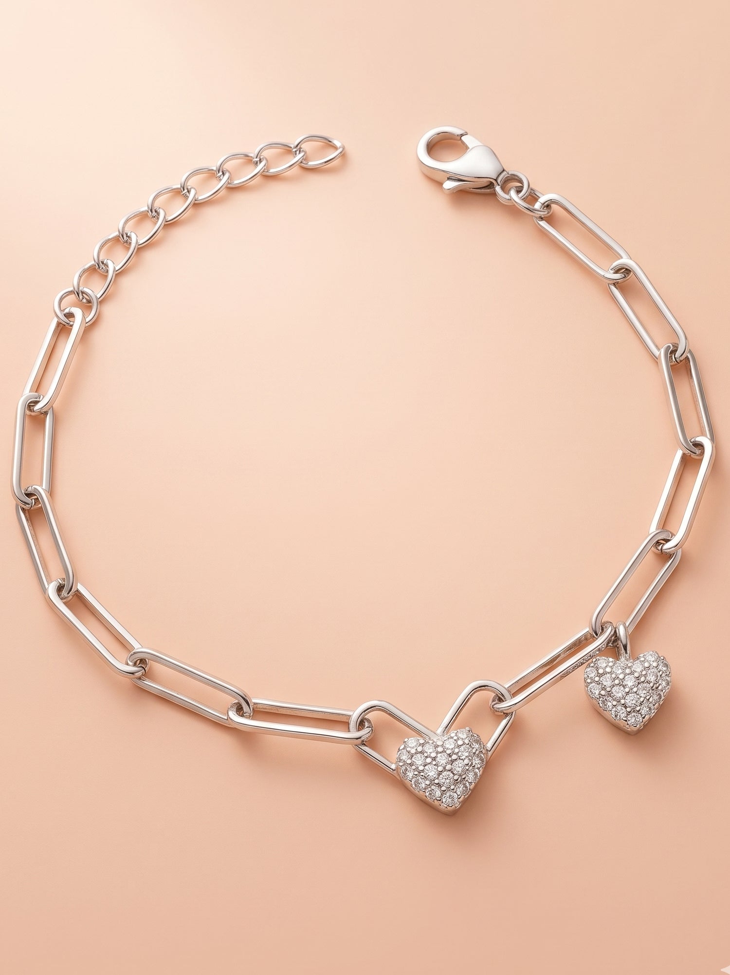 Pavé Double Heart Charm Paper Clip Chain Bracelet