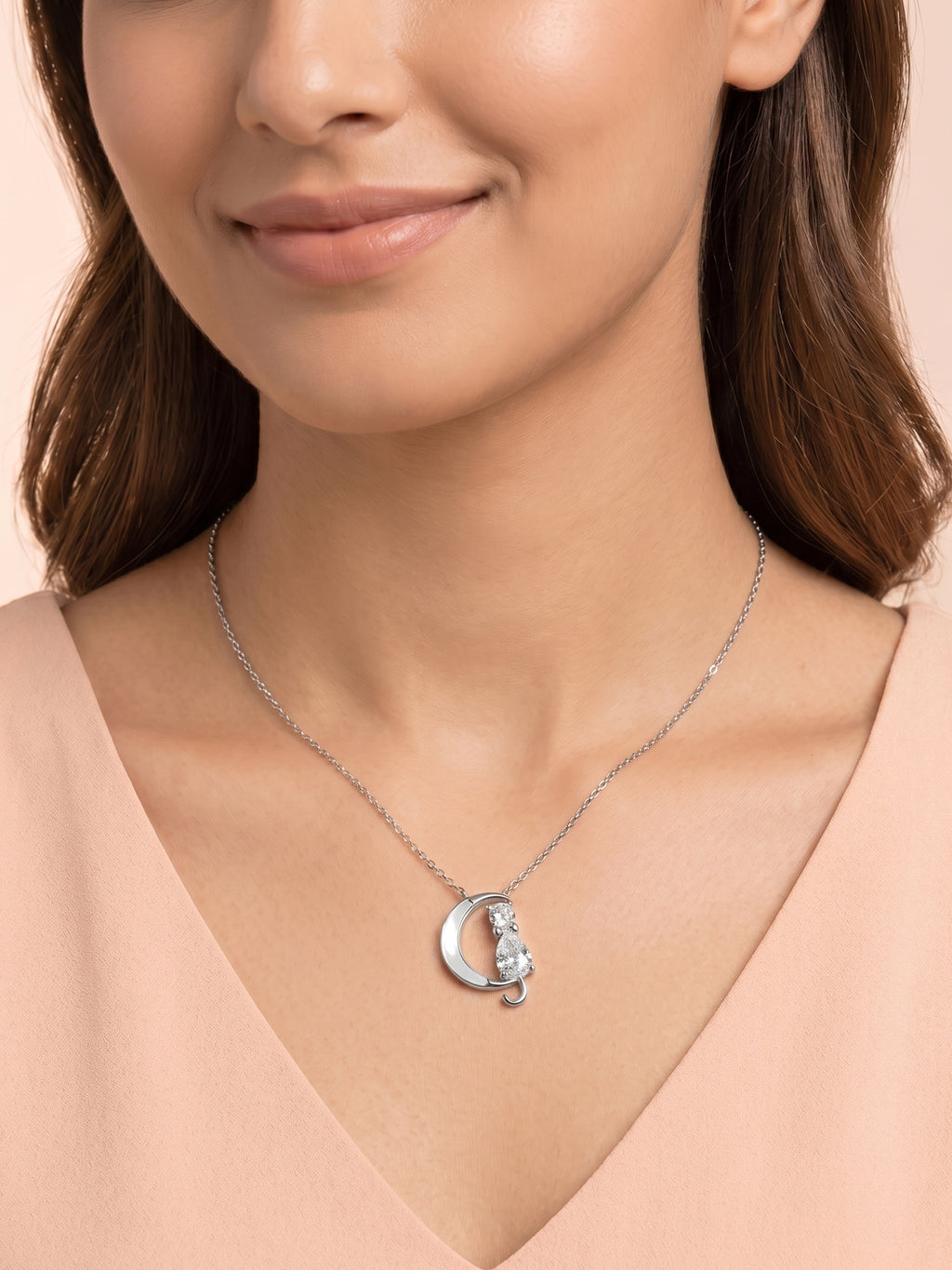 Silver Celestial Cat & Crescent Moon Pendant Necklace