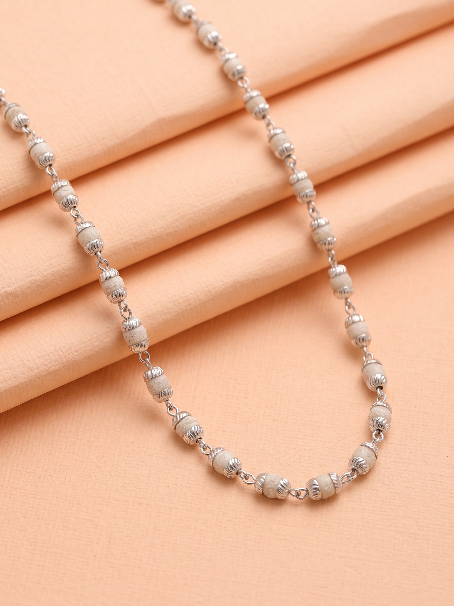 Vedic Aura: Authentic Tulsi Mala Chain with Textured Silver Caps