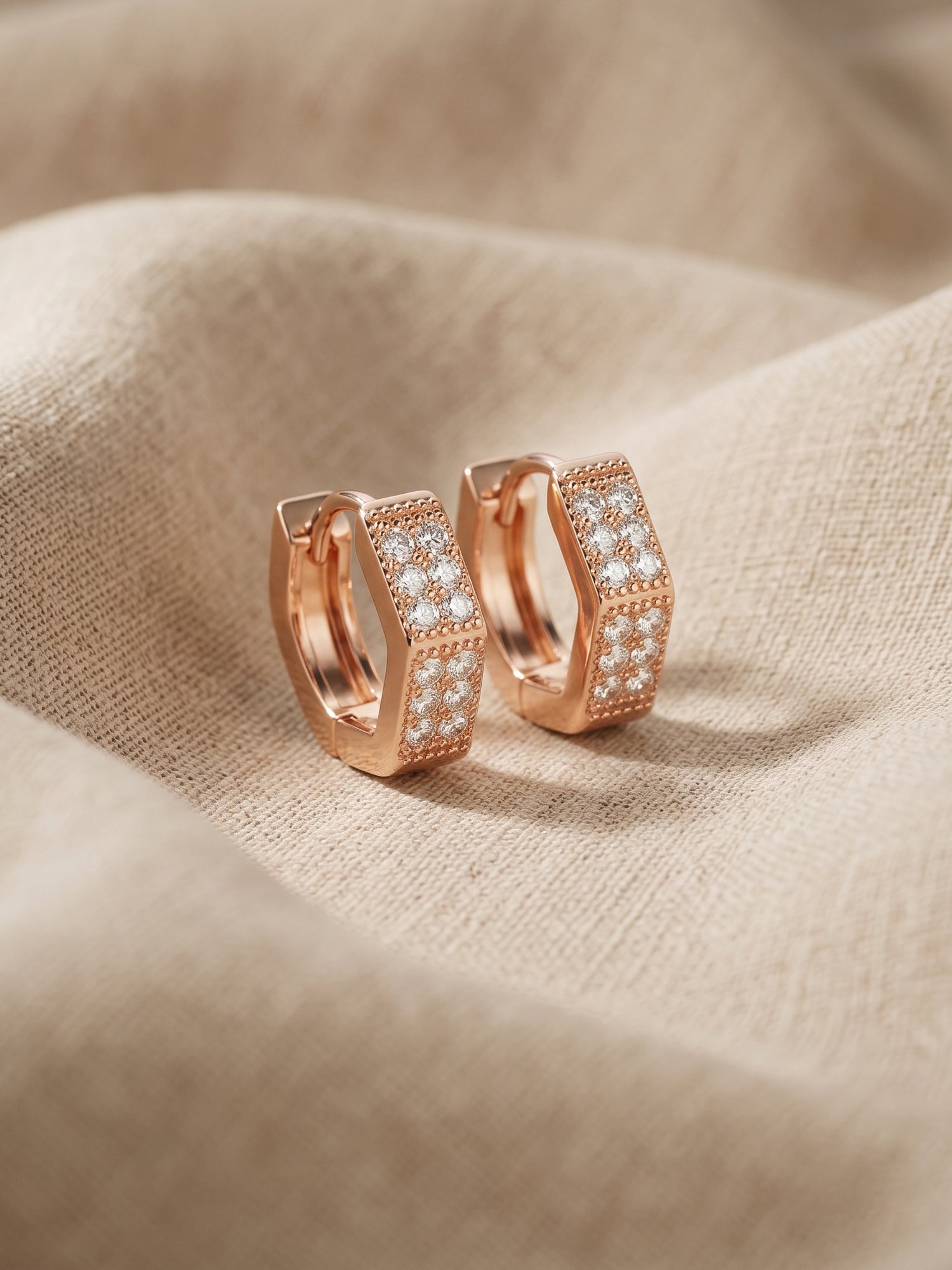 Hexagonal Pavé Cubic Zirconia Rose Gold Huggie Earrings