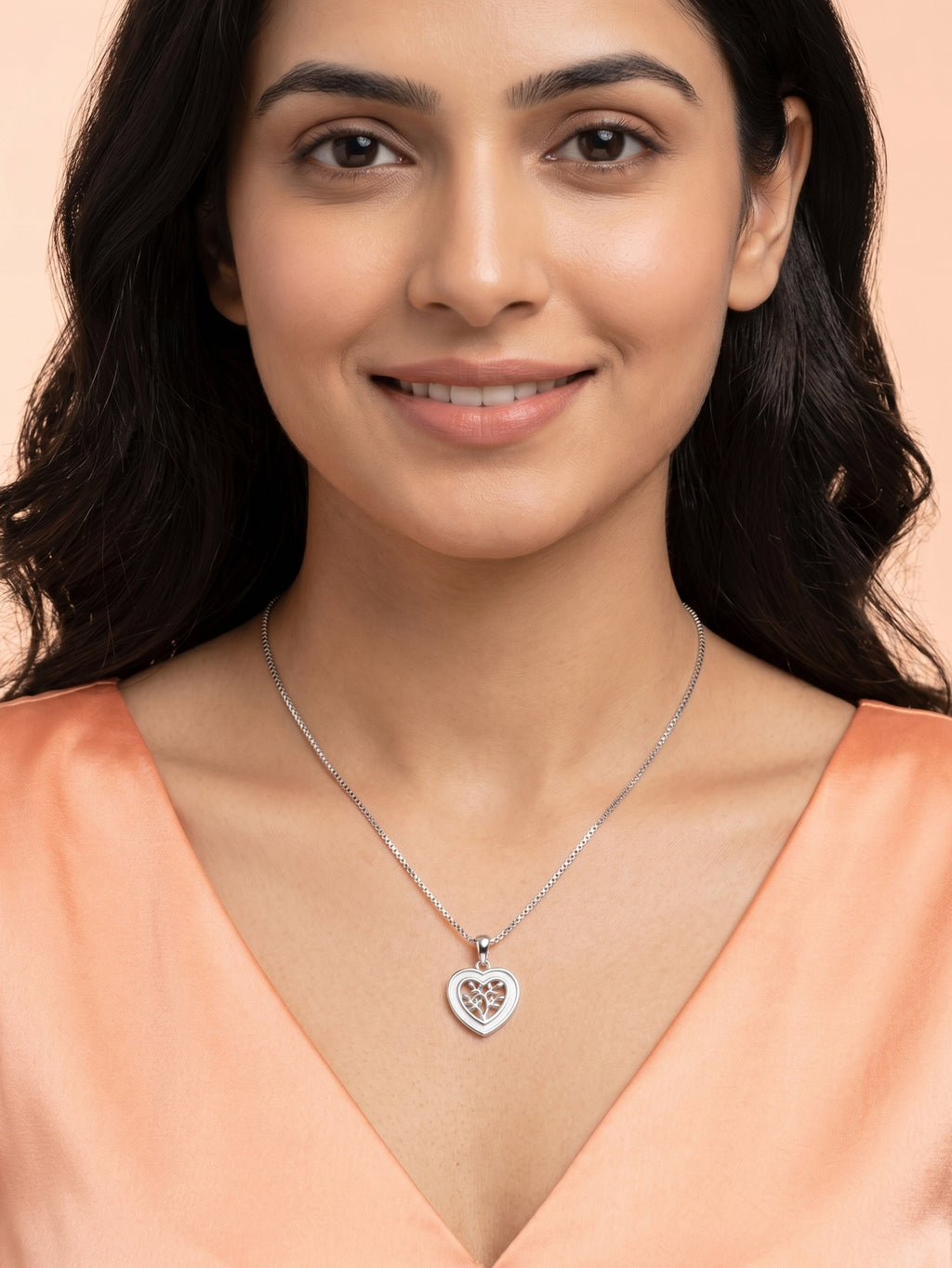 Silver Shimmering Tree of Life Heart Pendant Necklace