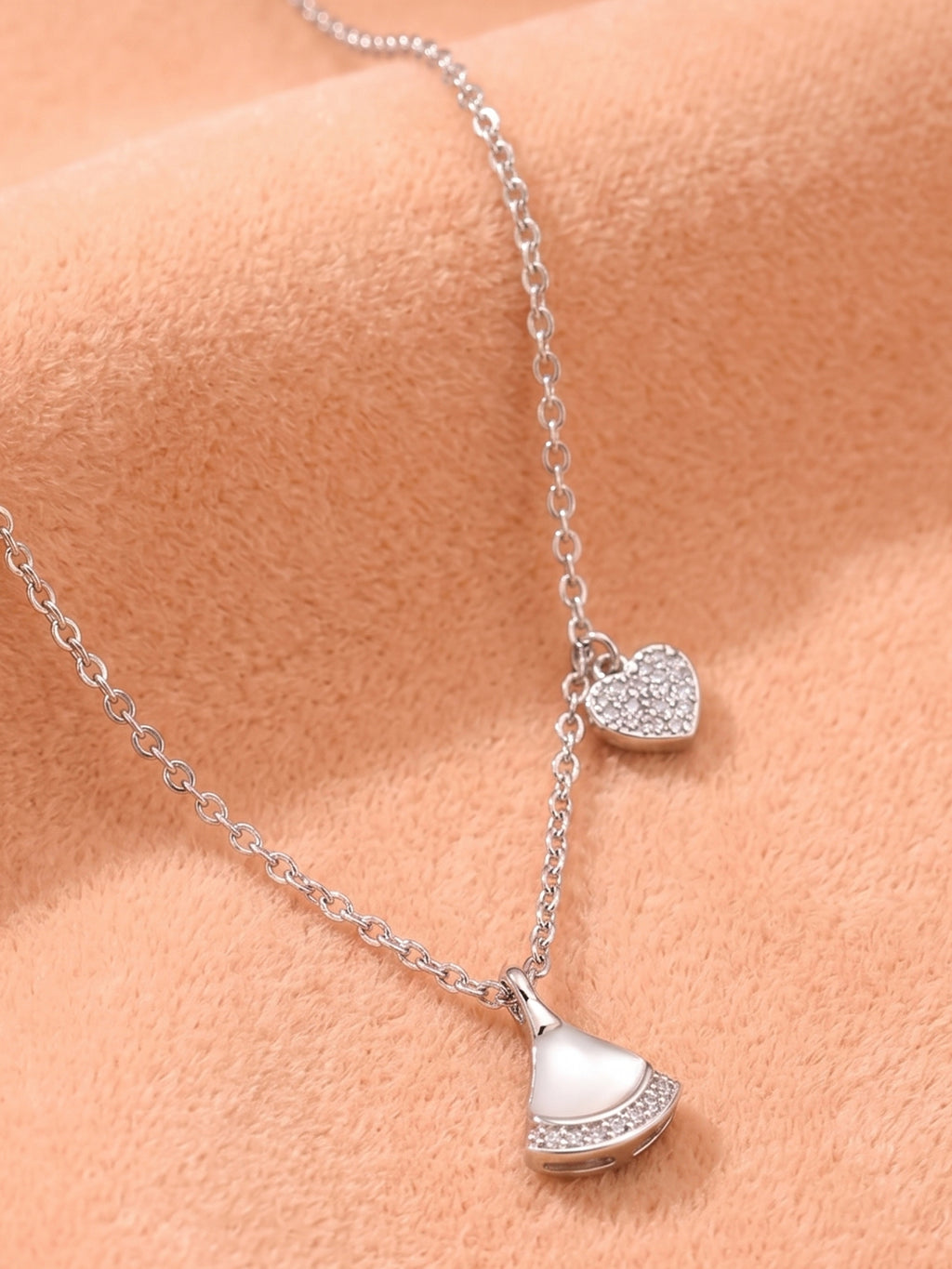 Mother of Pearl Fan & Pavé Heart Charm Necklace