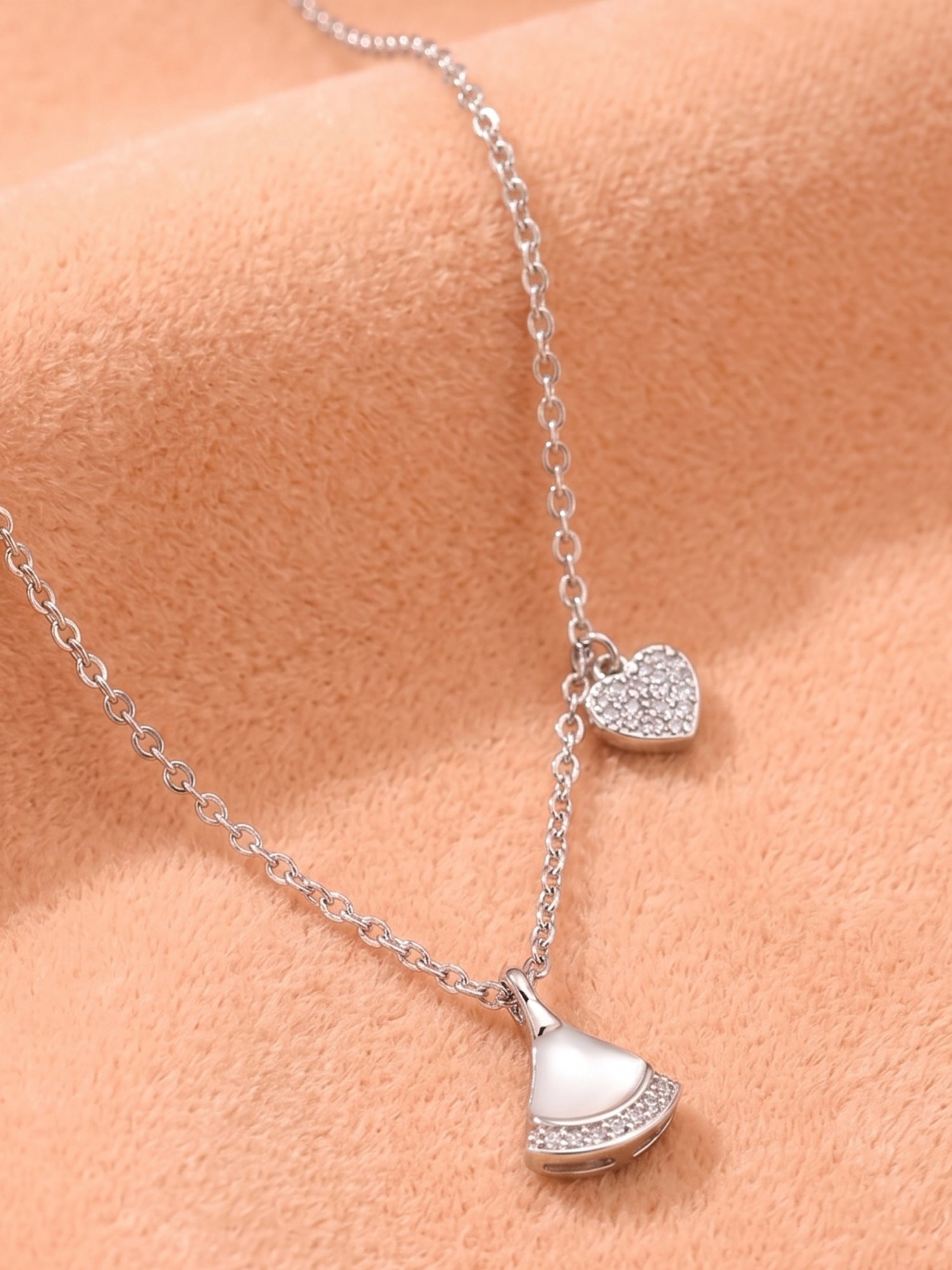 Mother of Pearl Fan & Pavé Heart Charm Necklace