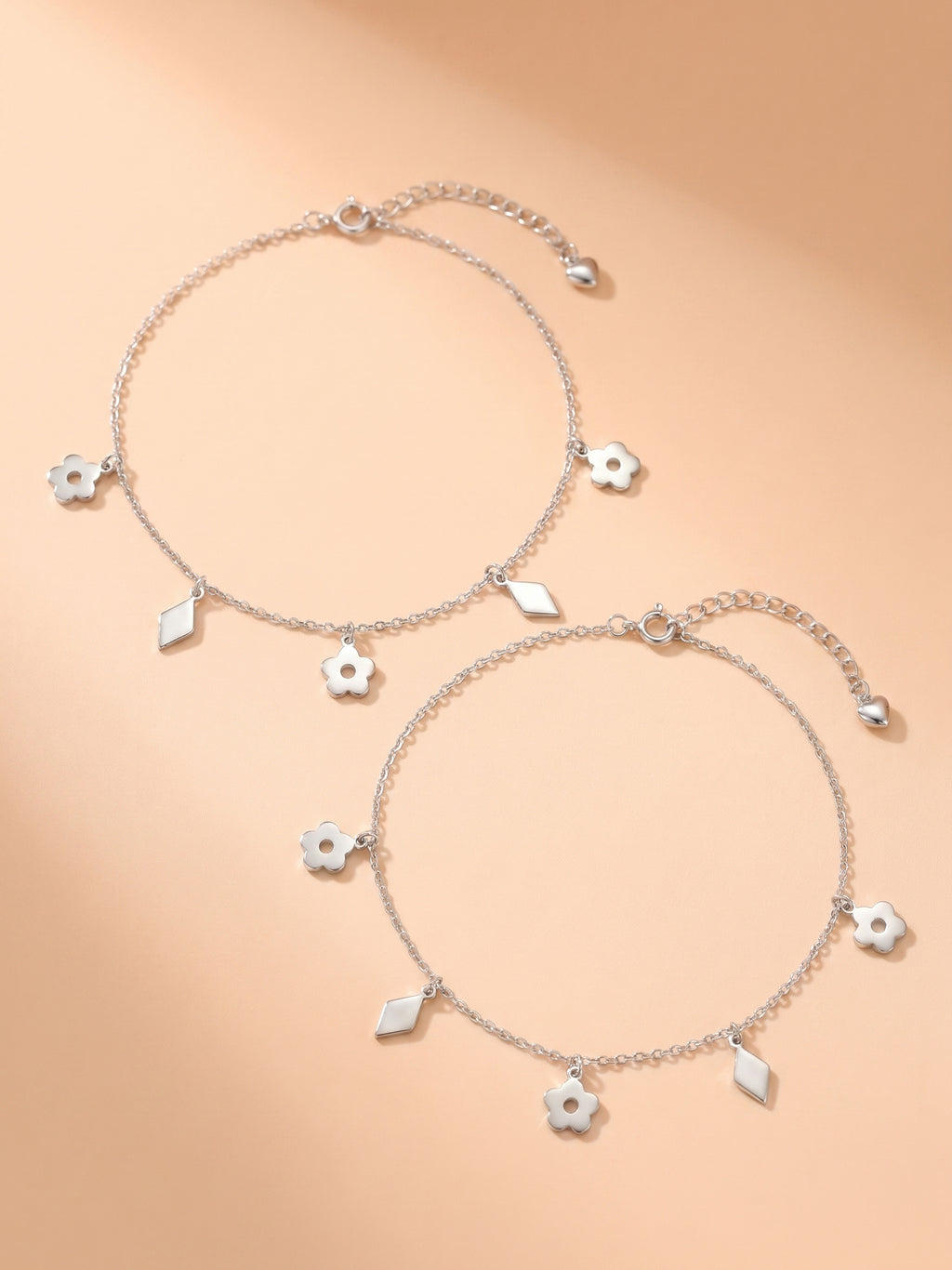 Flower & Diamond Charm Anklets Set of 2