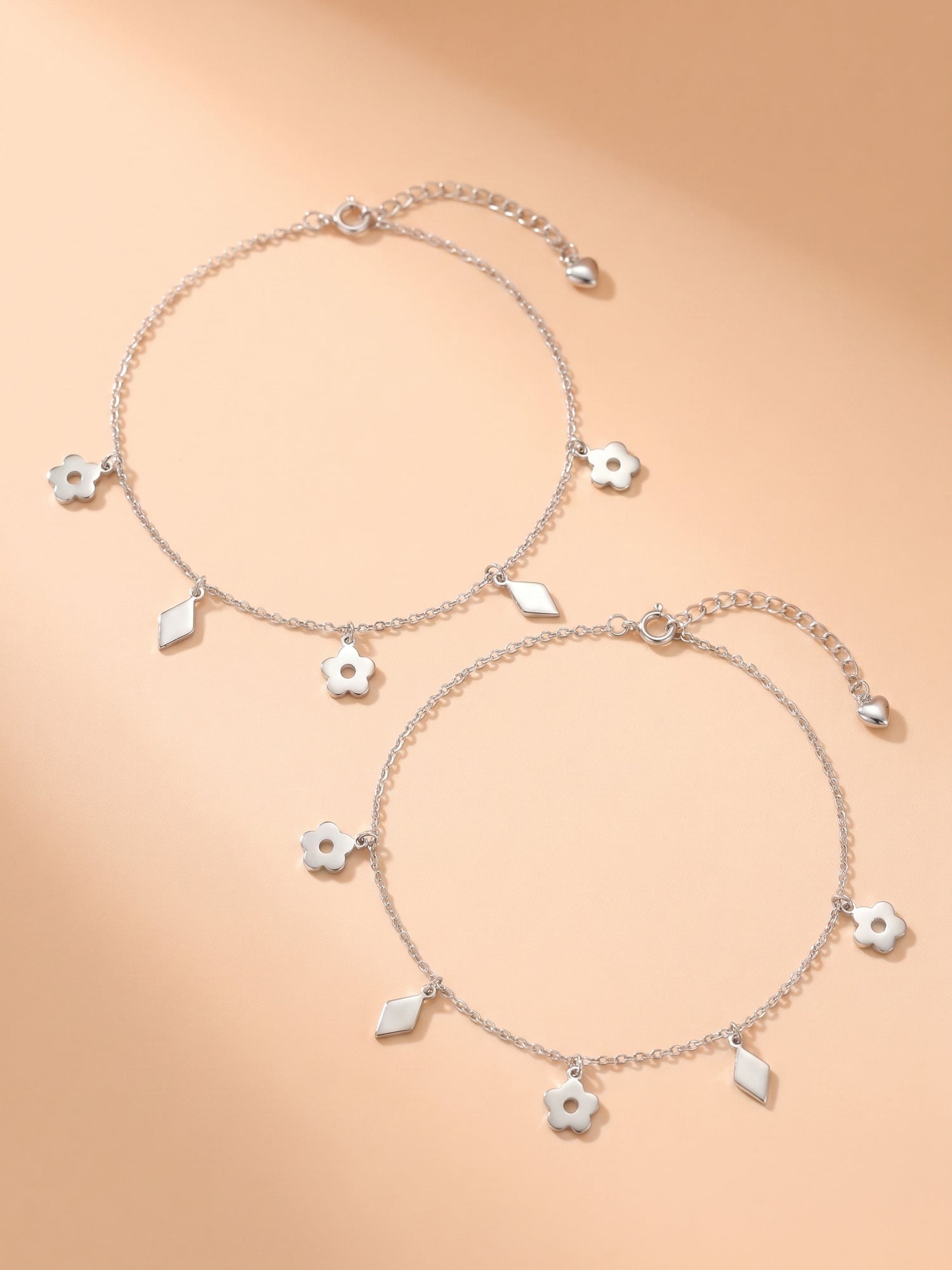 Flower & Diamond Charm Anklets Set of 2