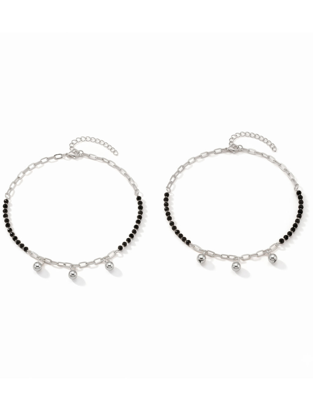 Noir Onyx & Polished Orb Paperclip Anklet Pair