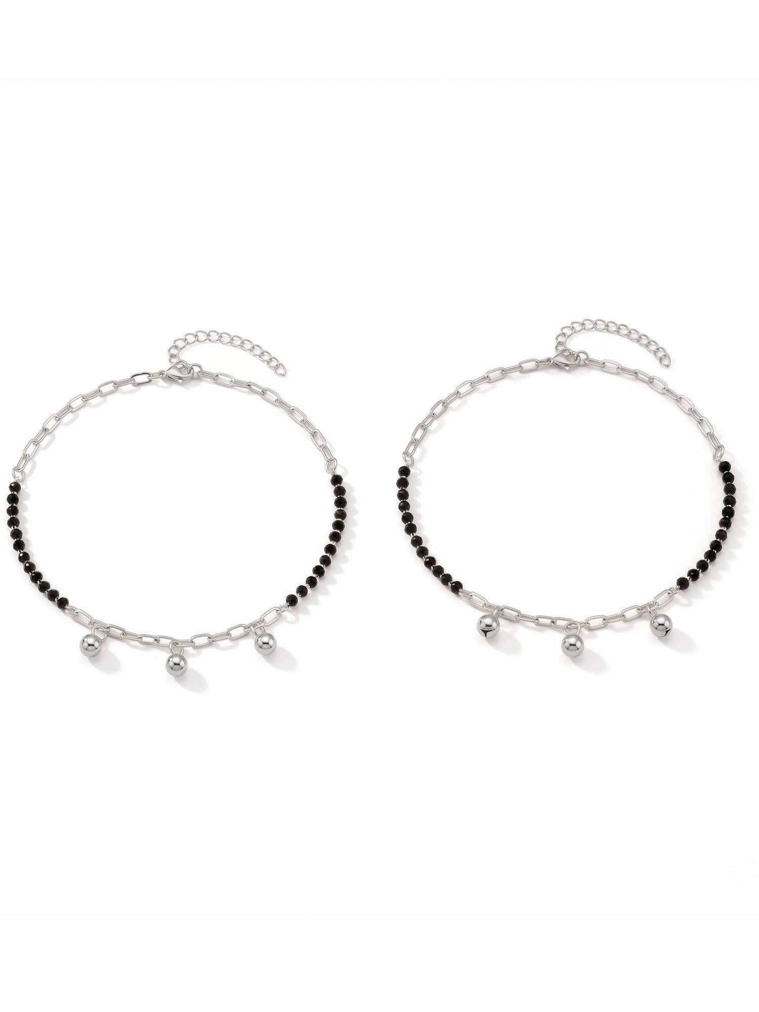 Noir Onyx & Polished Orb Paperclip Anklet Pair