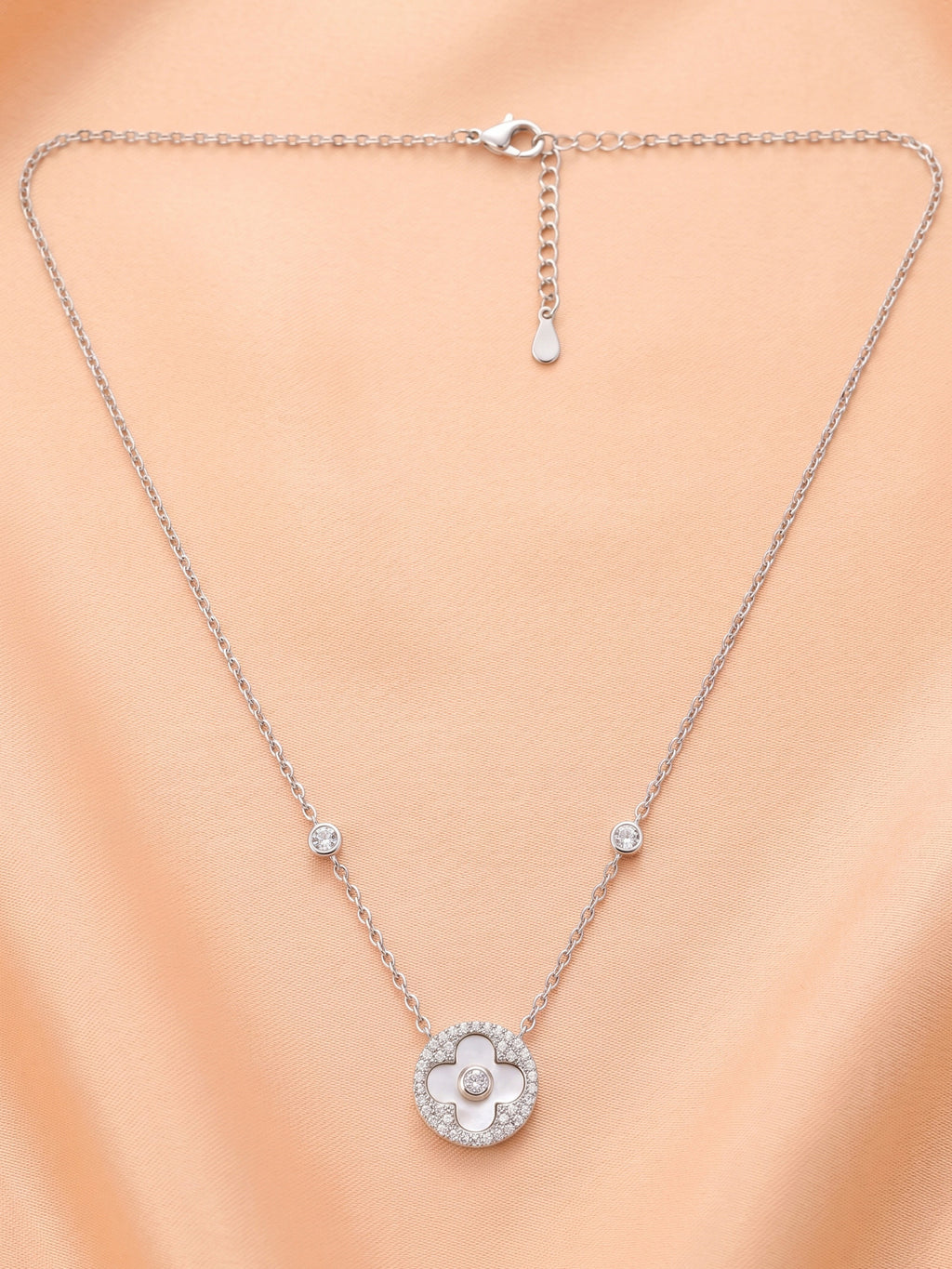 Mother of Pearl Clover & CZ Halo Disc Necklace