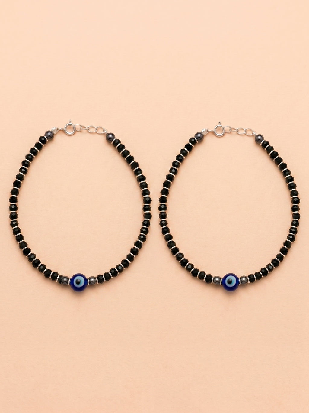 Single Evil Eye Black Crystal Bead Bracelet Set of Two