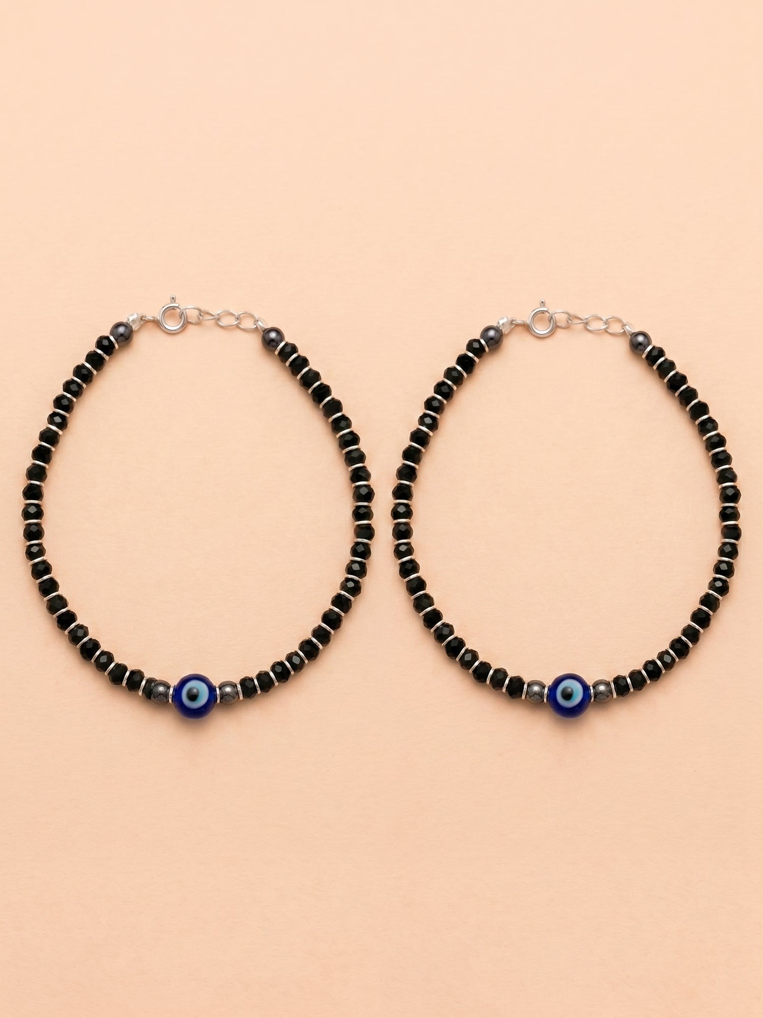 Single Evil Eye Black Crystal Bead Bracelet Set of Two