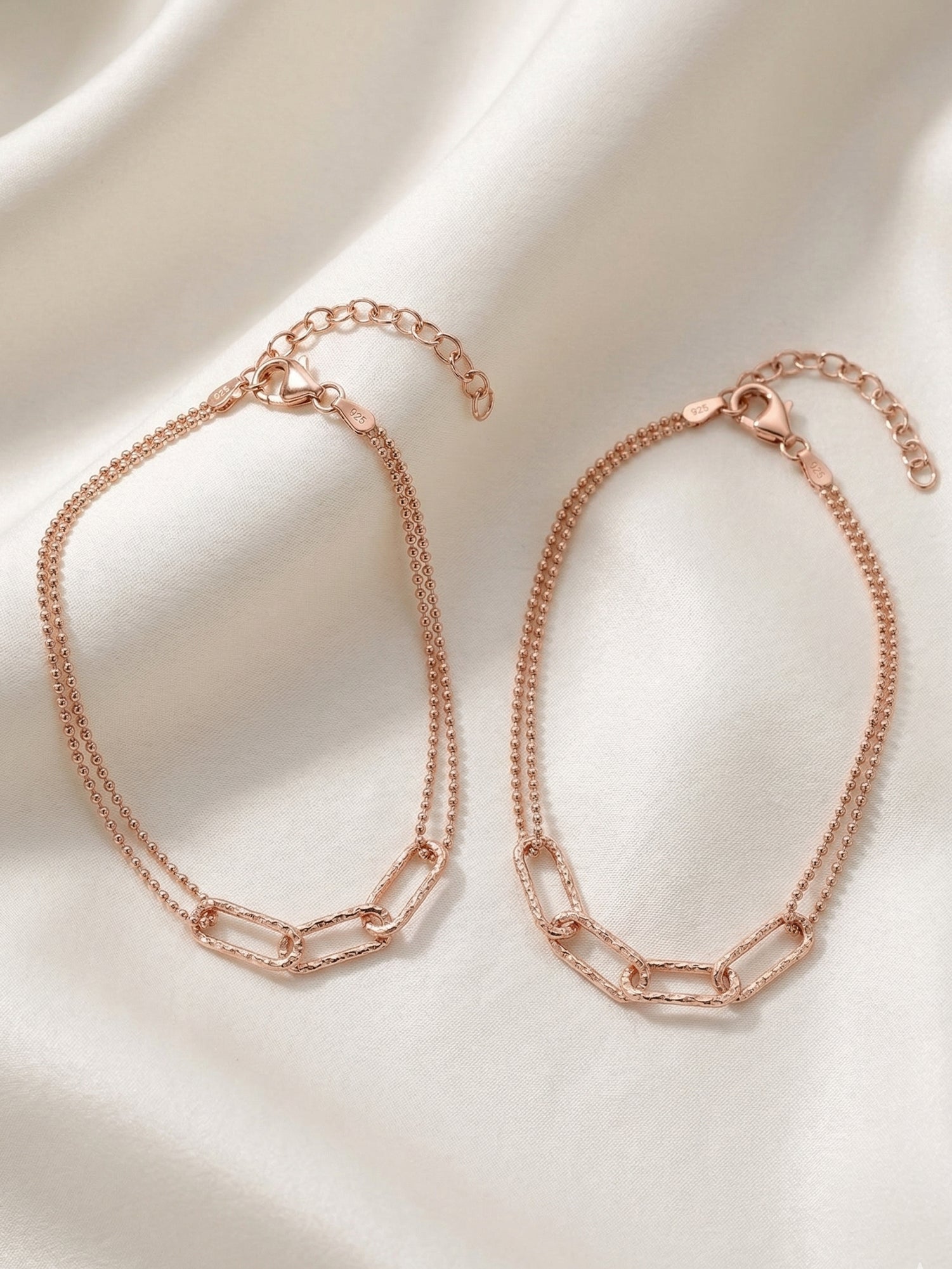Roseate Textured Link Double Chain Anklet Pair