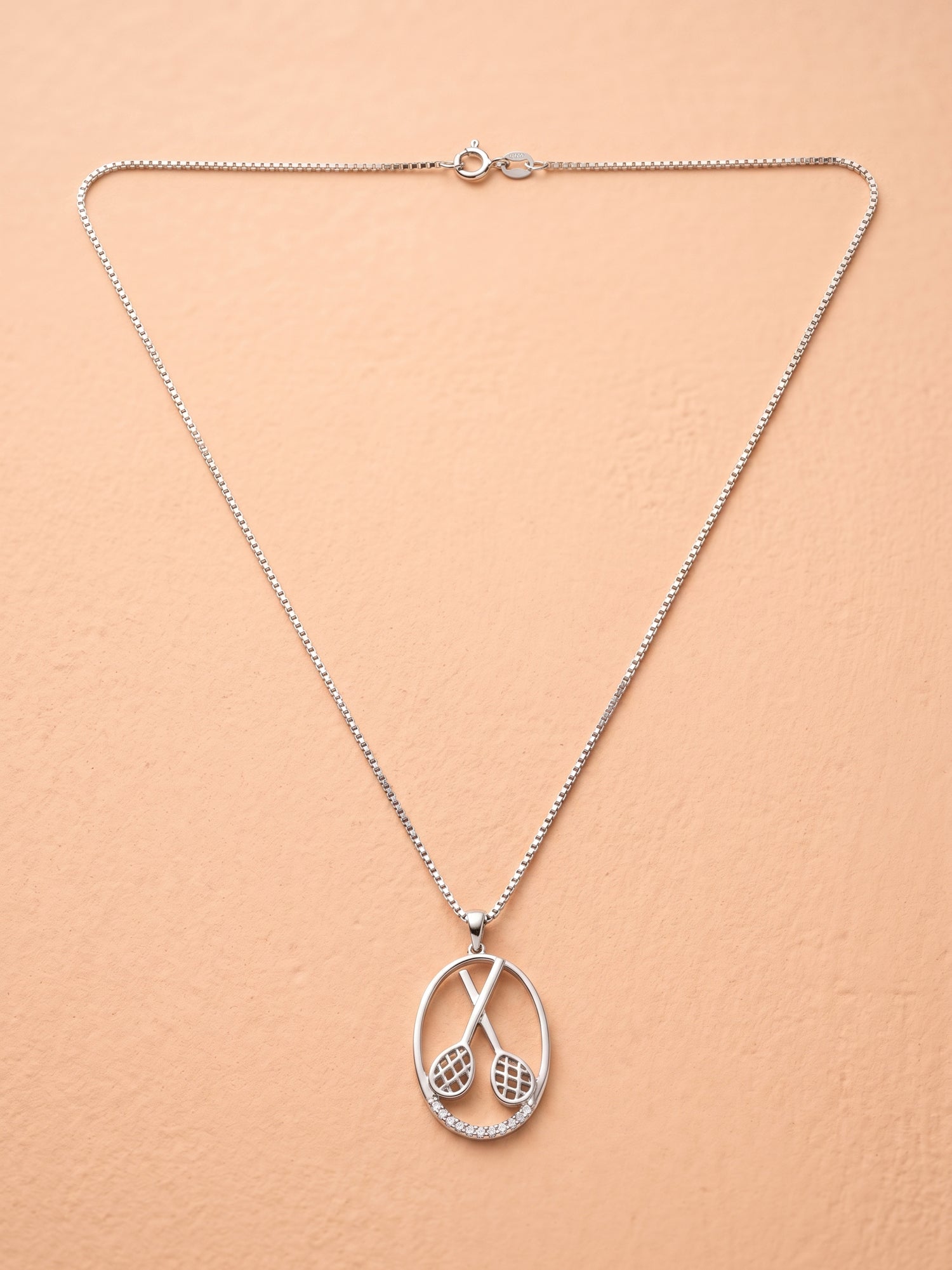 Crossed Tennis Rackets Oval Pendant Necklace
