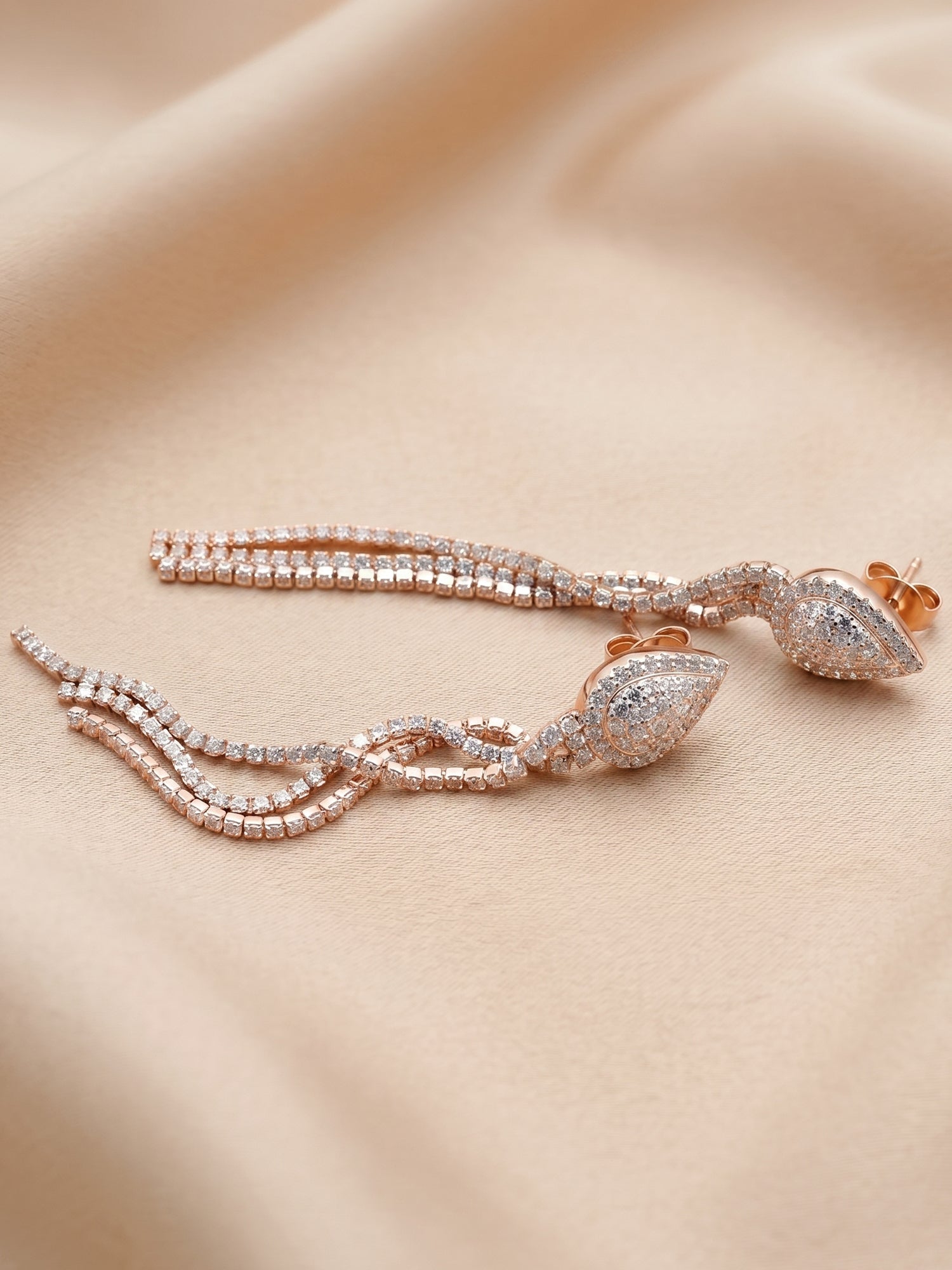 Pavé Cubic Zirconia Rose Gold Teardrop Fringe Drop Earrings