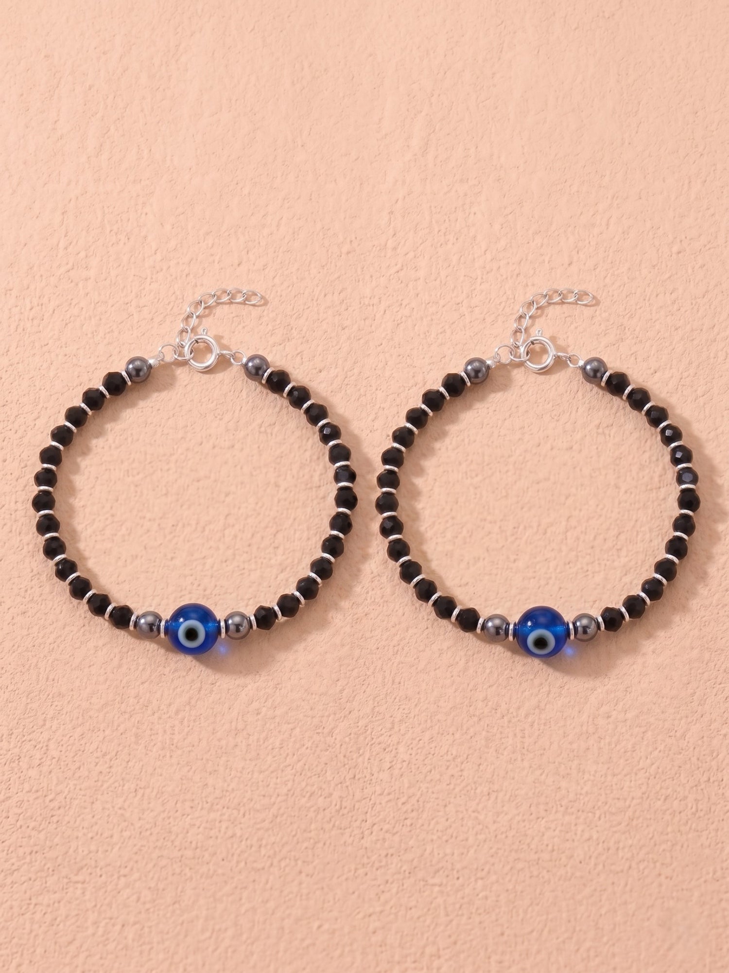 Baby Single Evil Eye Black Crystal Bead Anklet Set of Two