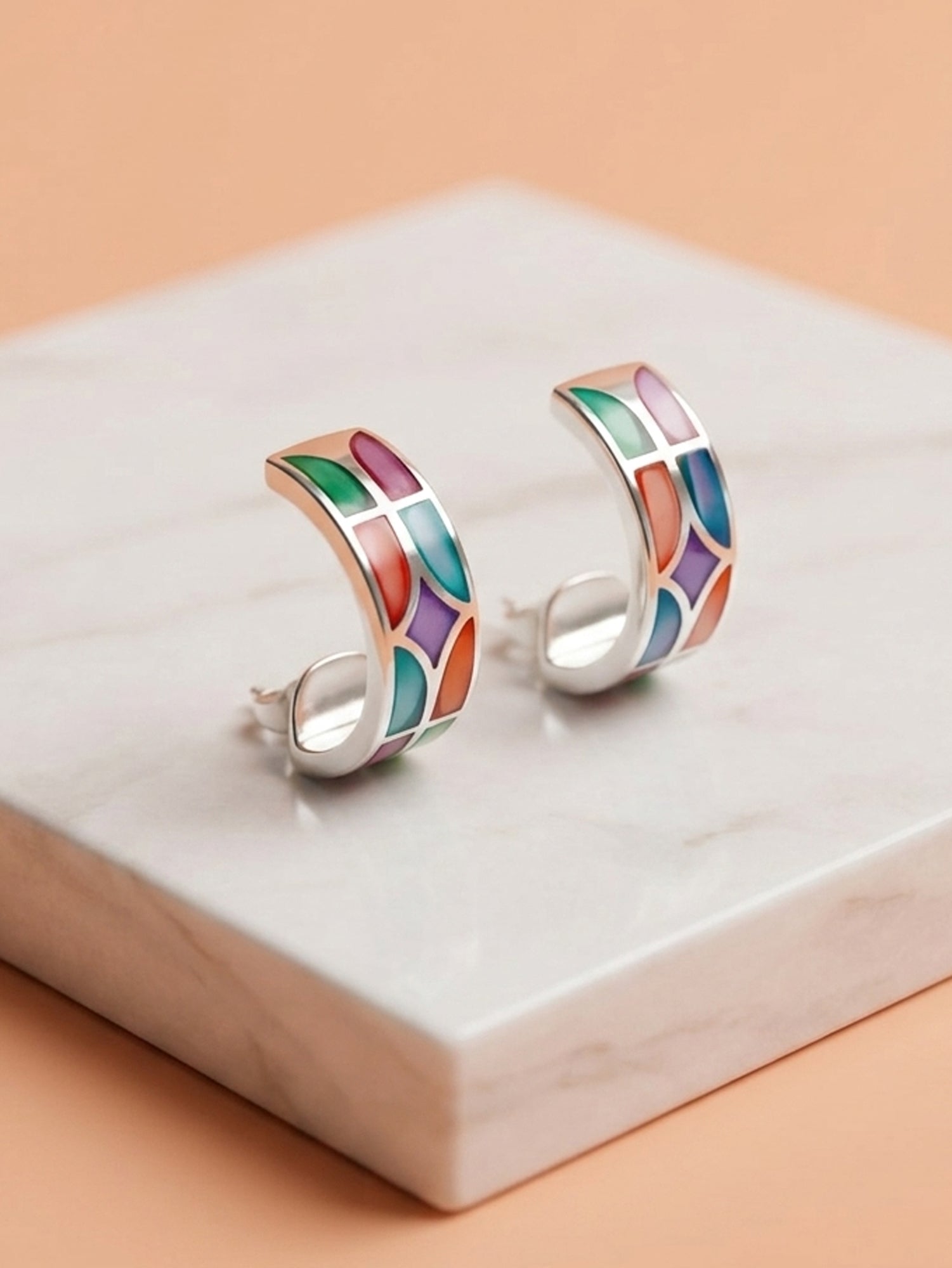 Vibrant Inlay Mosaic Open Hoop Studs