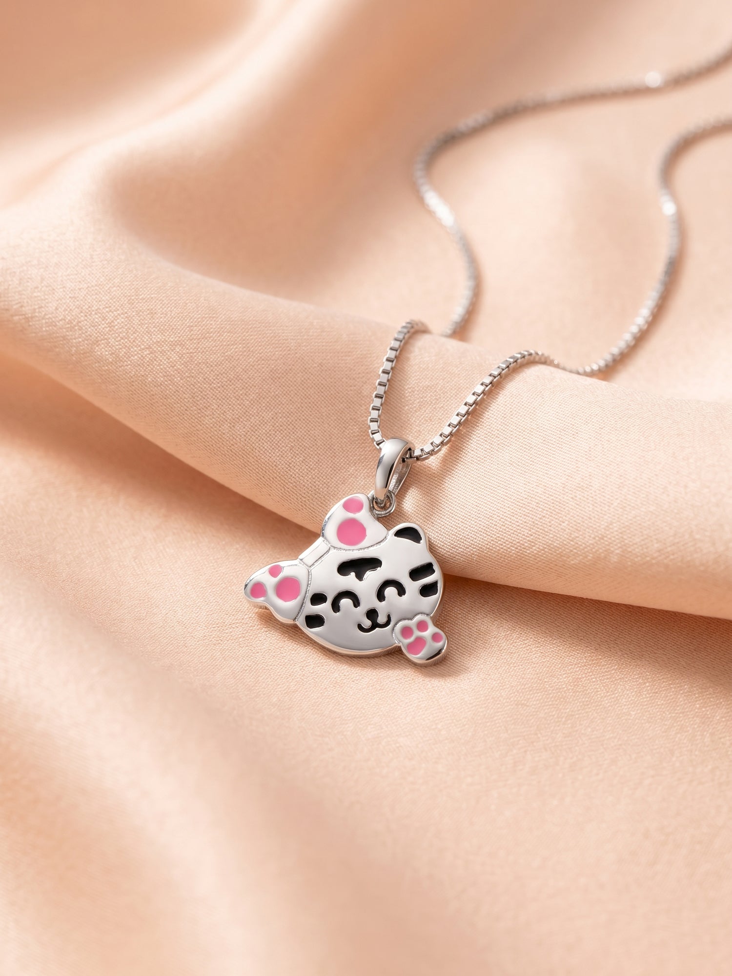 Happy Cat Face Pink Paw Pendant Necklace for Kids