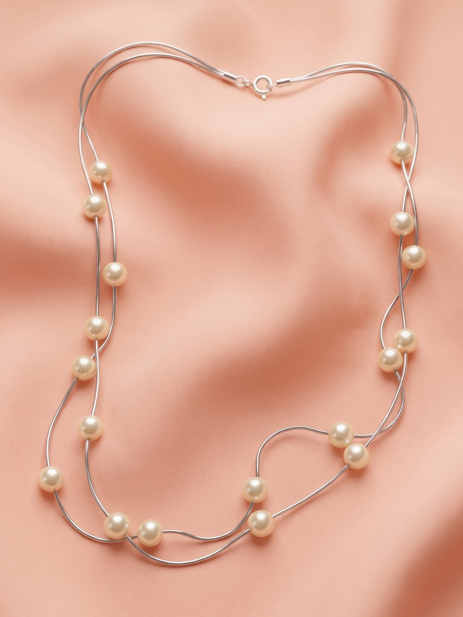 Layered Pearl Tin Cup Station Necklace