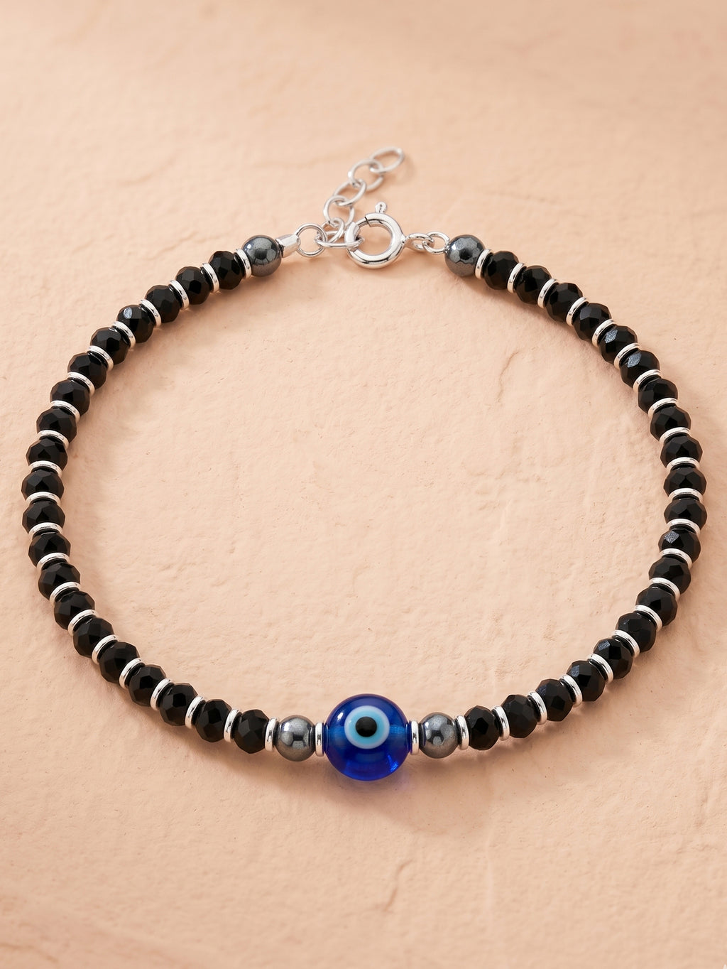 Evil Eye Black Crystal & Hematite Beaded Bracelet