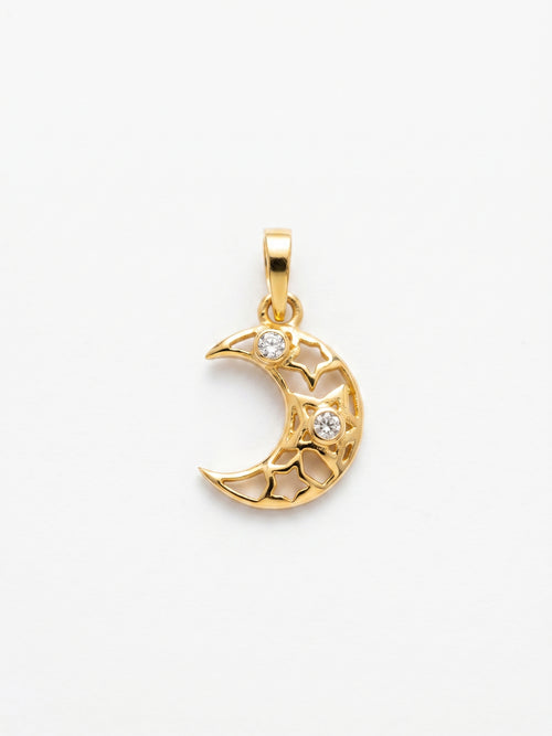 Crescent Moon Star CZ Gold Pendant