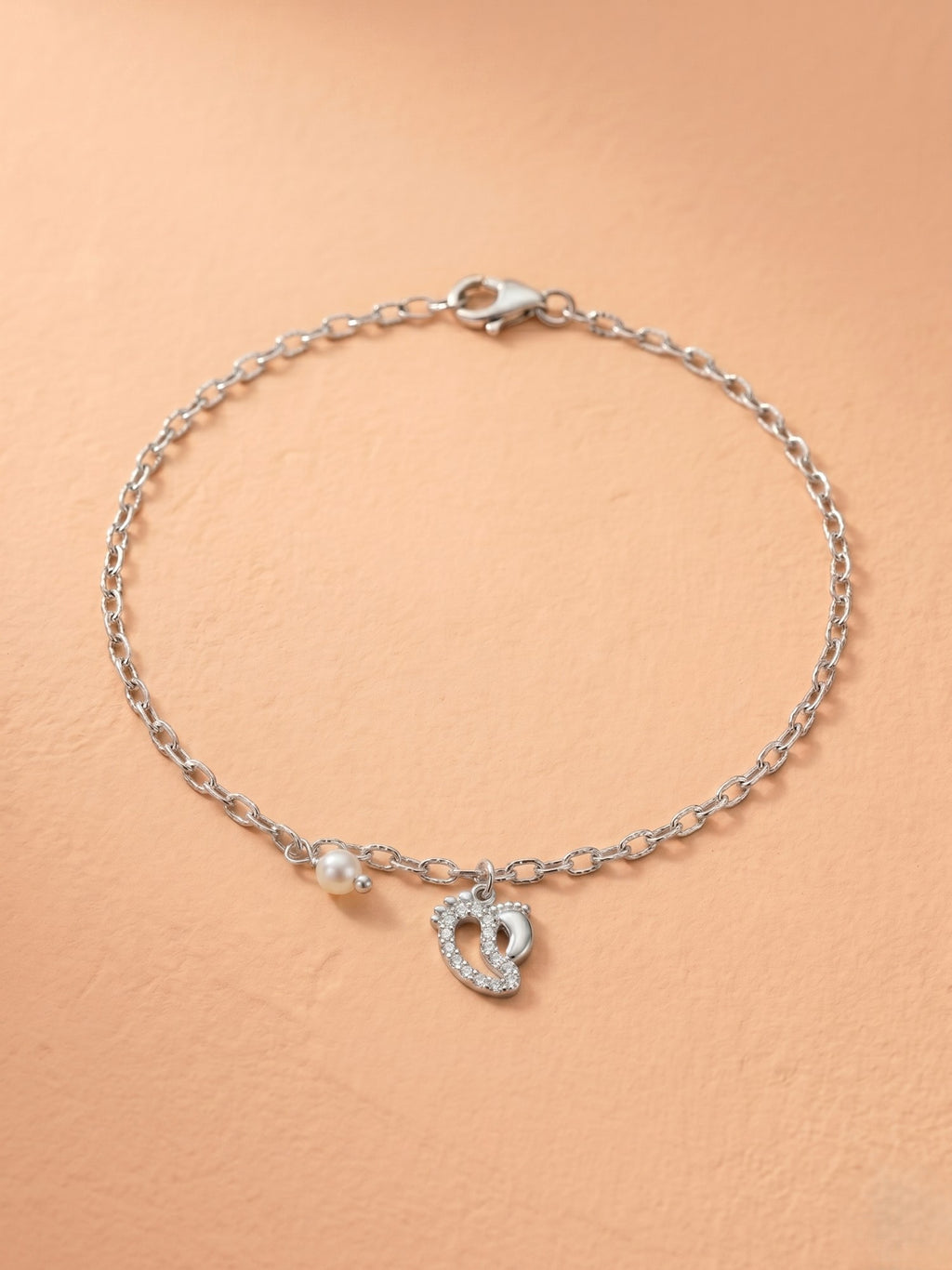 Silver Shimmering Baby Feet & Pearl Charm Bracelet