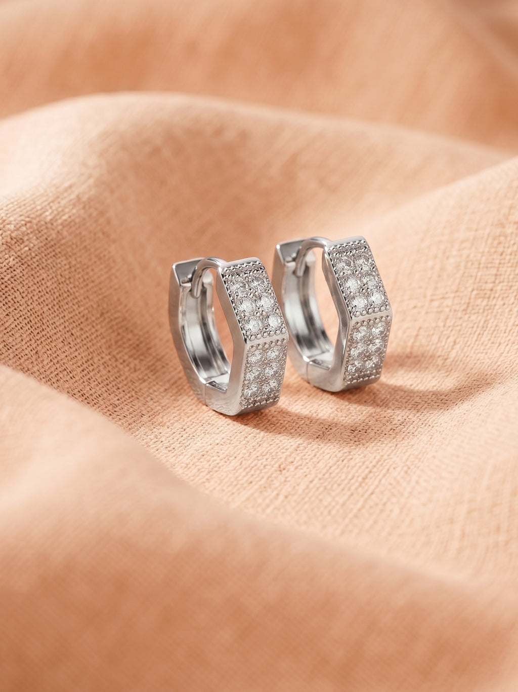 Hexagonal Pavé Cubic Zirconia Huggie Earrings