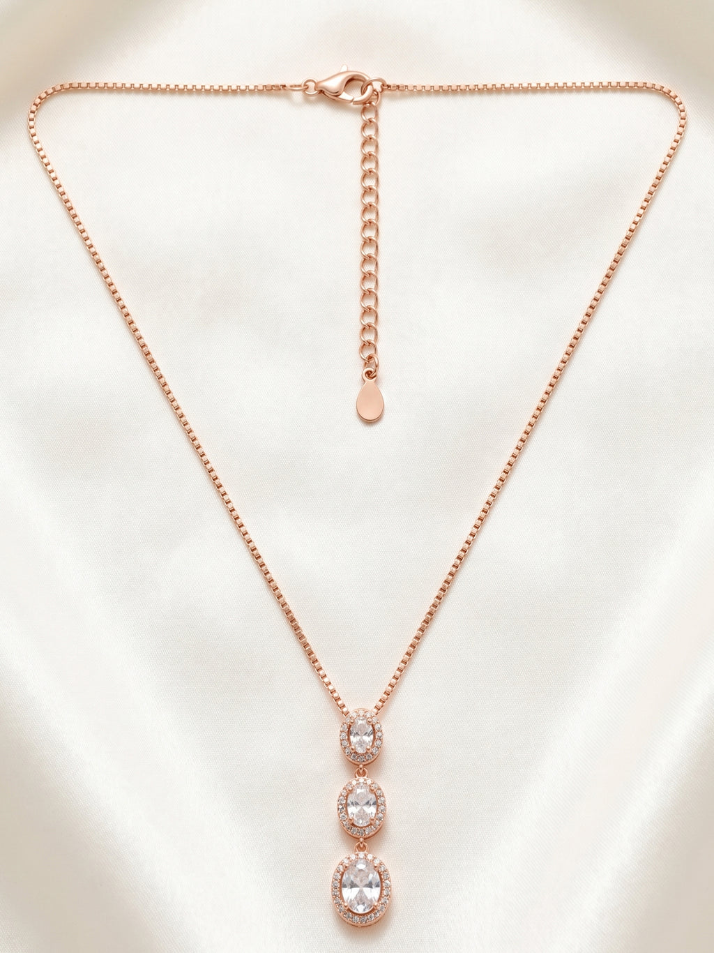 Triple Oval CZ Halo Drop Necklace in Rose Gold