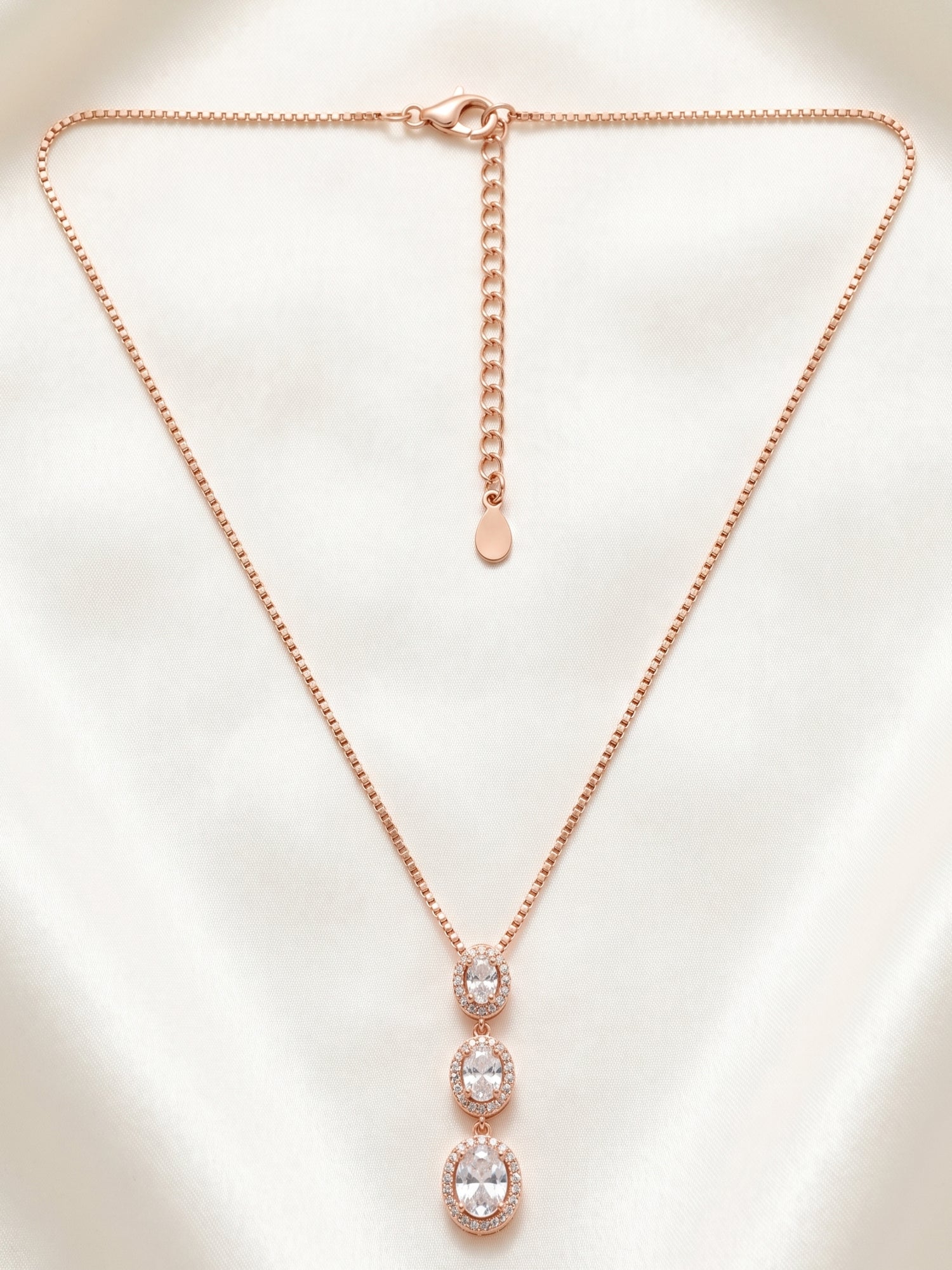 Triple Oval CZ Halo Drop Necklace in Rose Gold