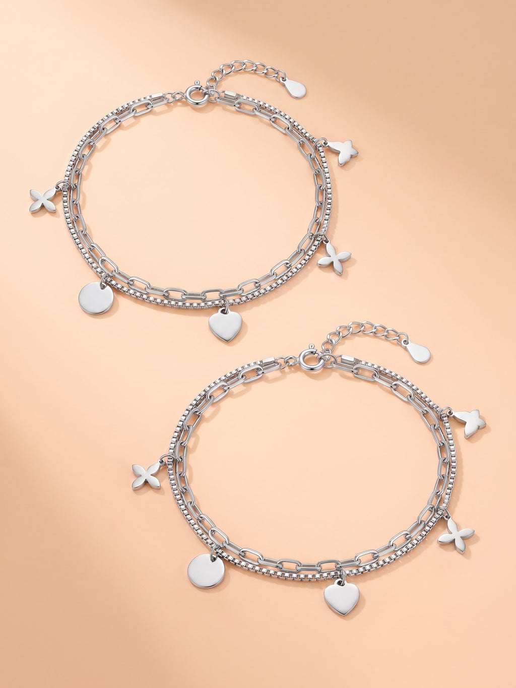 Dual-Layered Charm Anklet Set with Heart, Disc & Floral Motifs