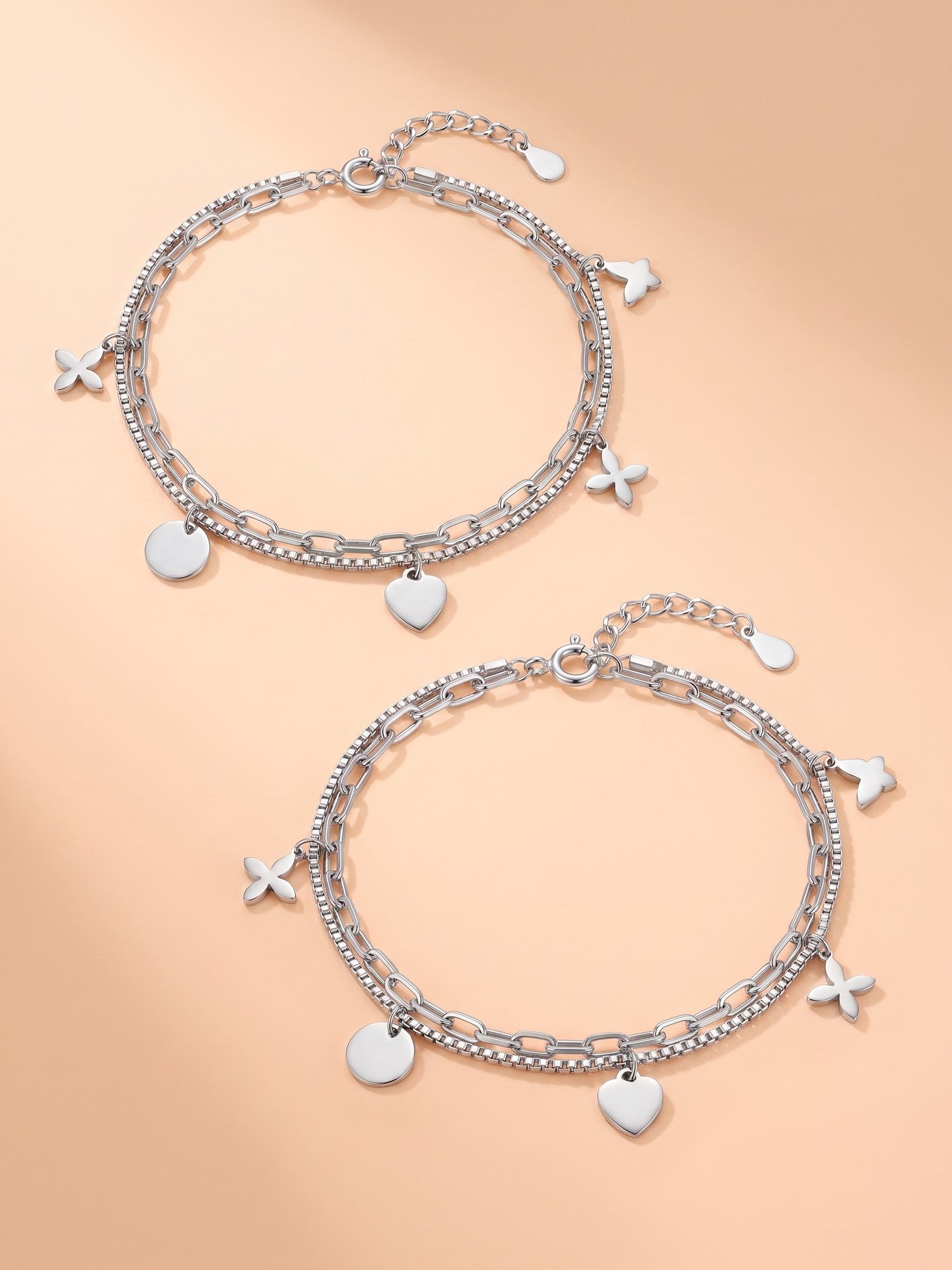 Dual-Layered Charm Anklet Set with Heart, Disc & Floral Motifs