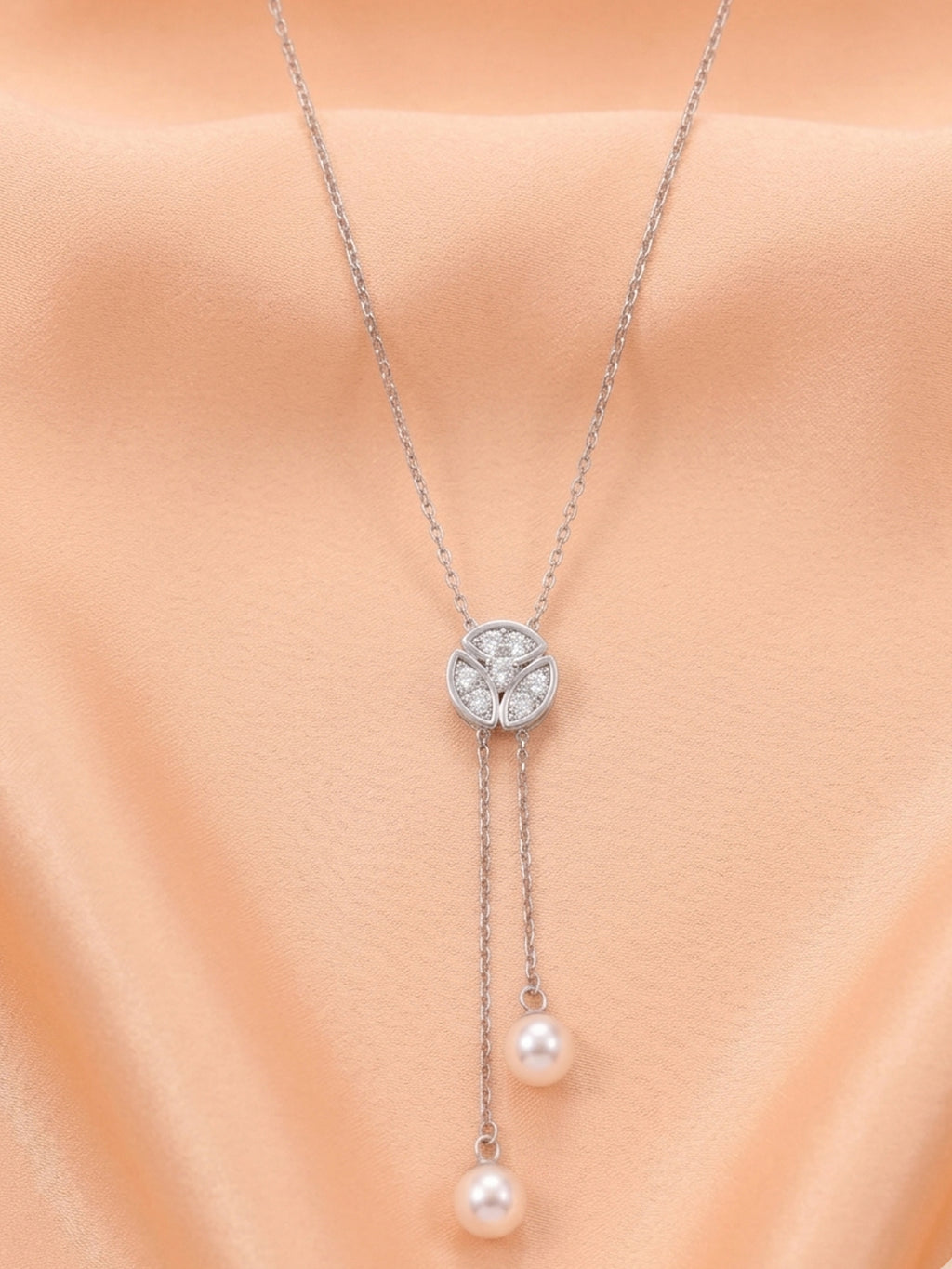 Pavé CZ Trefoil & Freshwater Pearl Double Drop Necklace