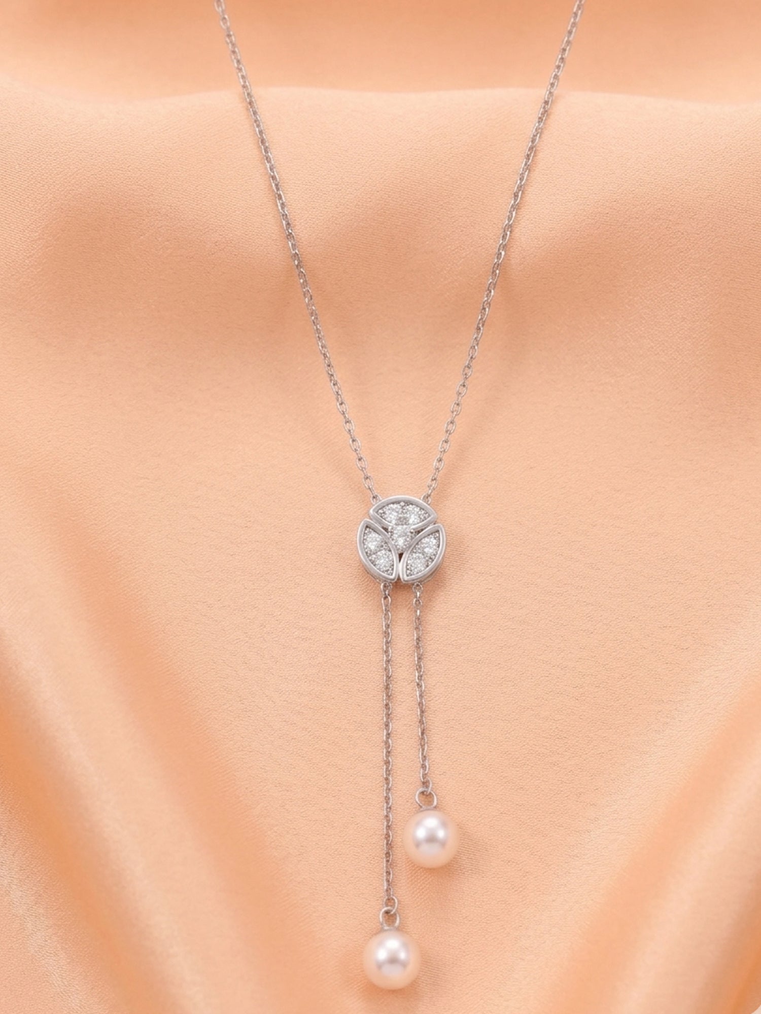 Pavé CZ Trefoil & Freshwater Pearl Double Drop Necklace