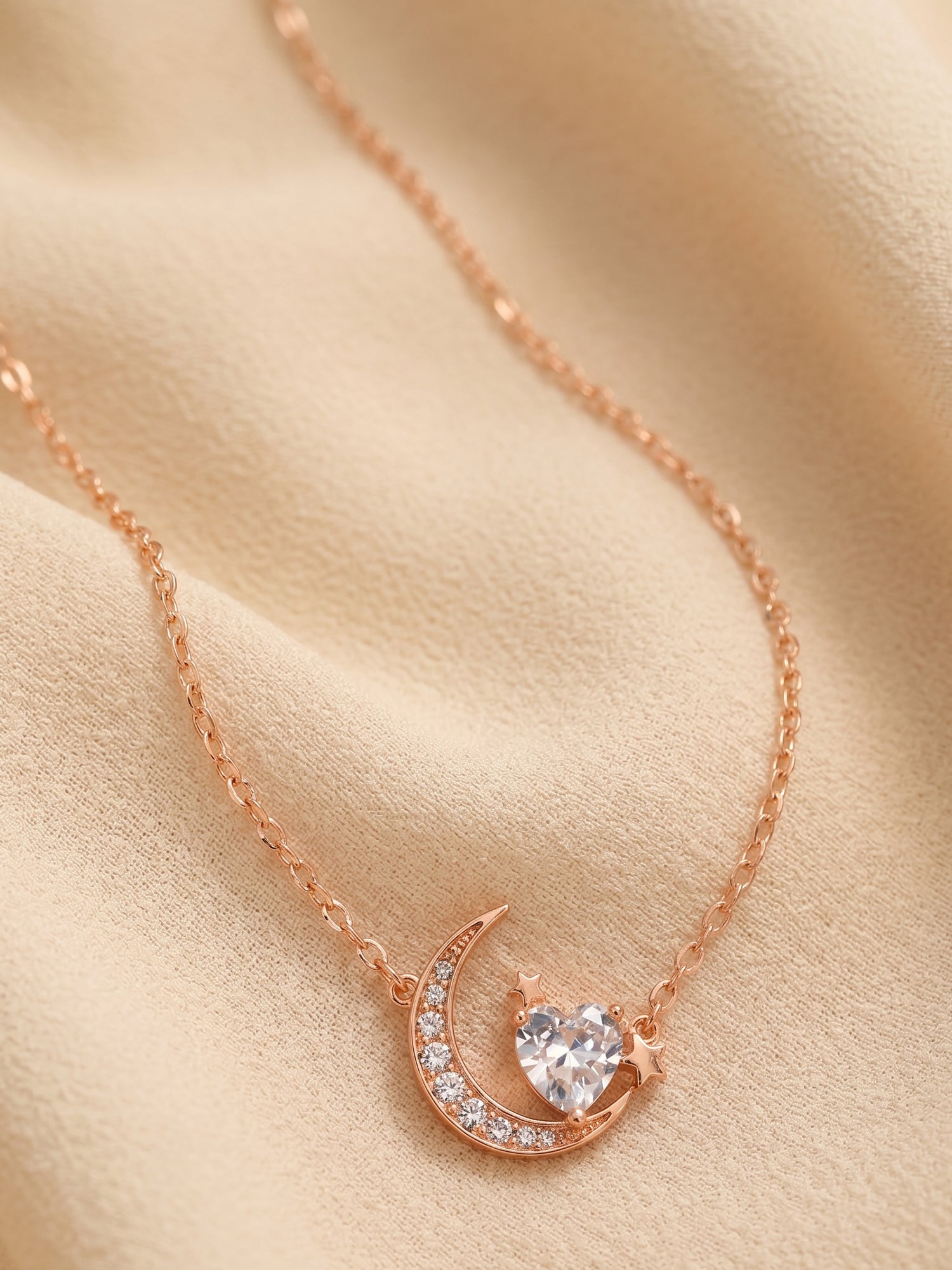 Roseate Shimmering Crescent & Heart Pendant Necklace