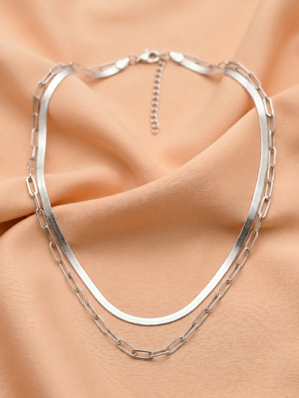 Herringbone & Paperclip Double Layer Chain Necklace in Silver