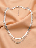 Herringbone & Paperclip Double Layer Chain Necklace in Silver
