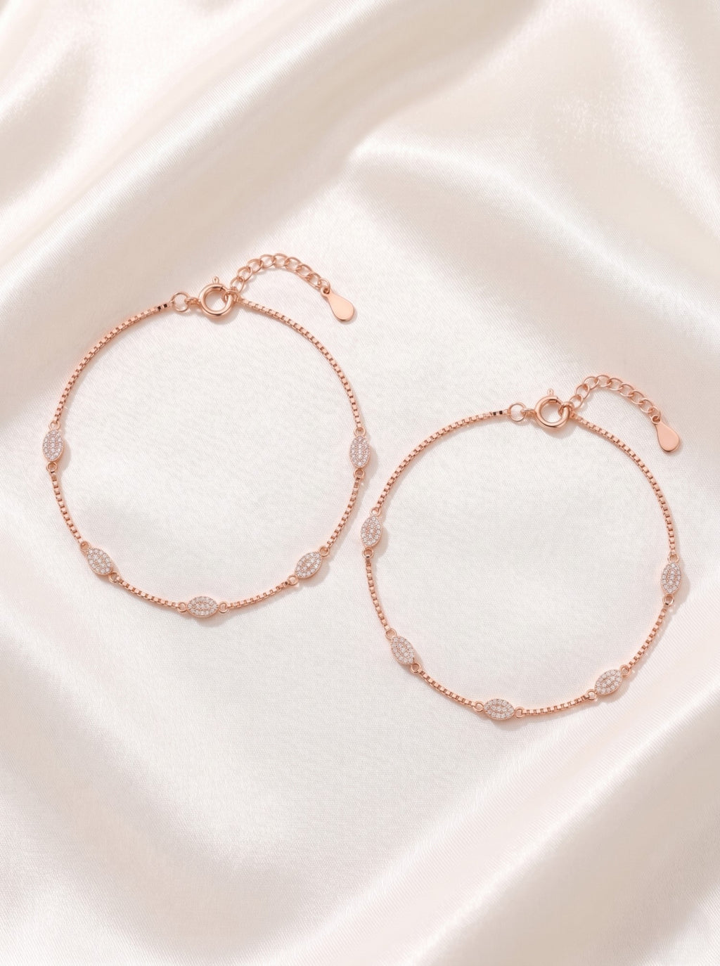 Roseate Celestial Oval Pavé Box Chain Anklet Pair