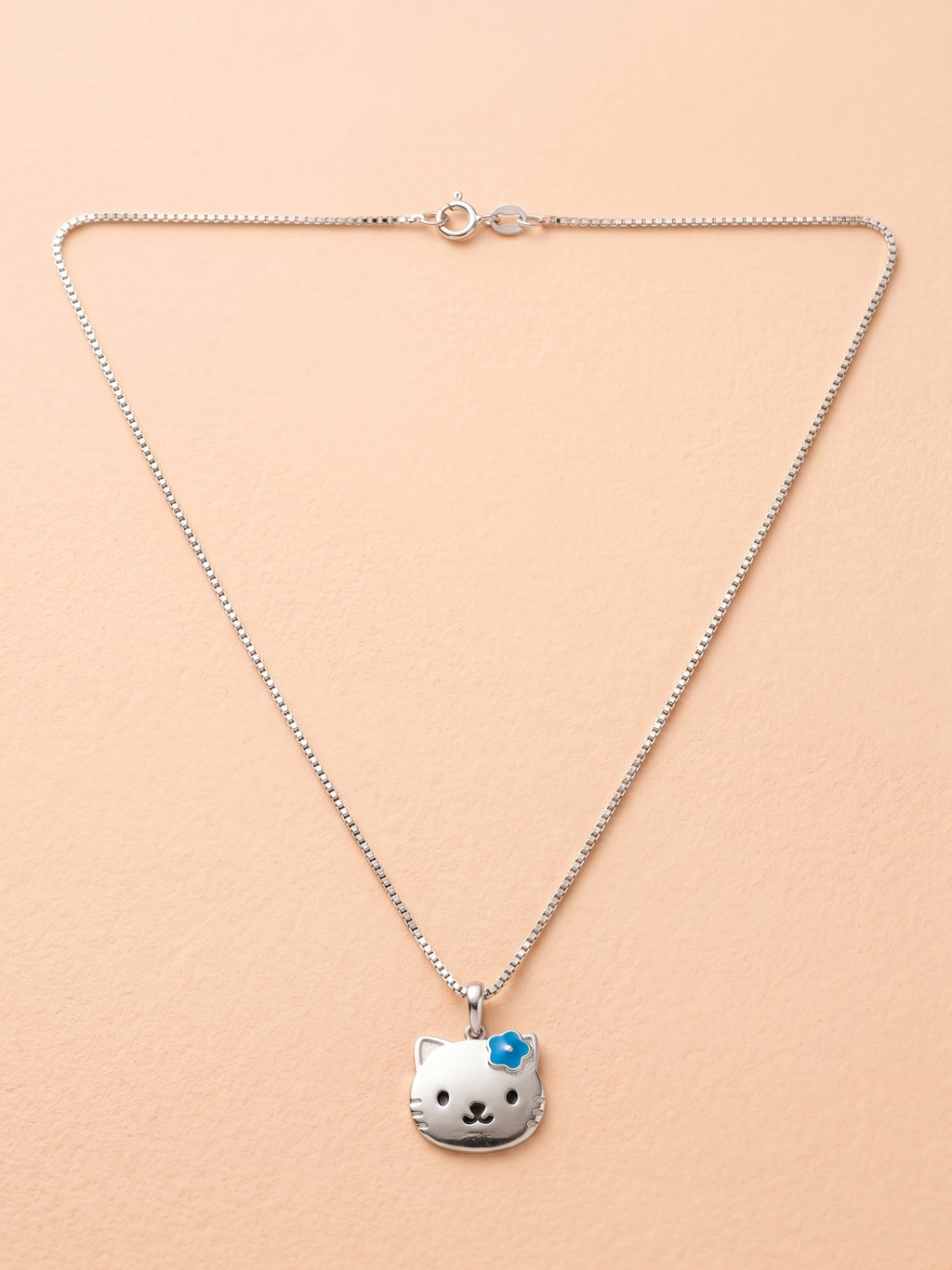 Blue Flower Kitty Face Pendant Necklace for Kids